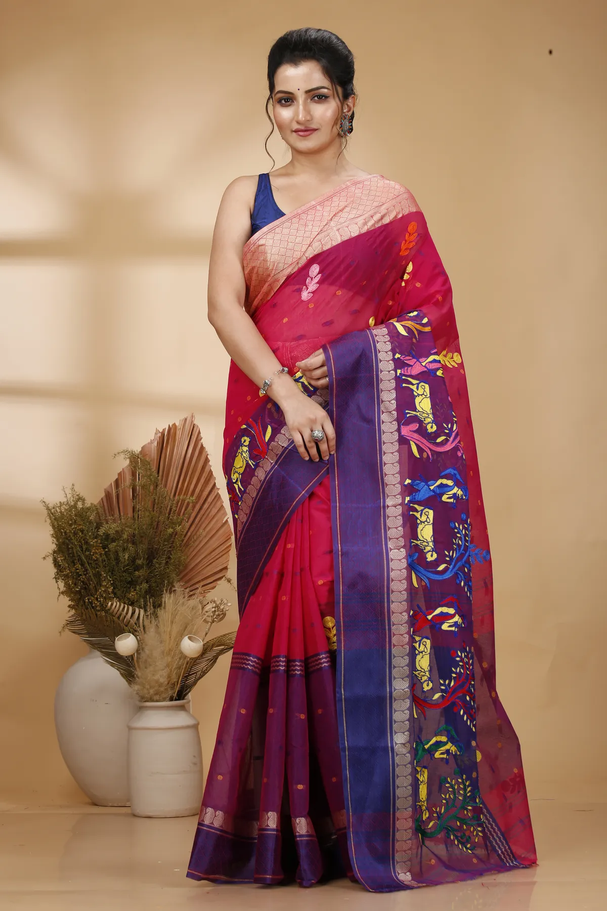 DipDiya Pure Cotton Pink Embi Ganga Agri Pure Bengali Grace Embroidery Tant Sarees