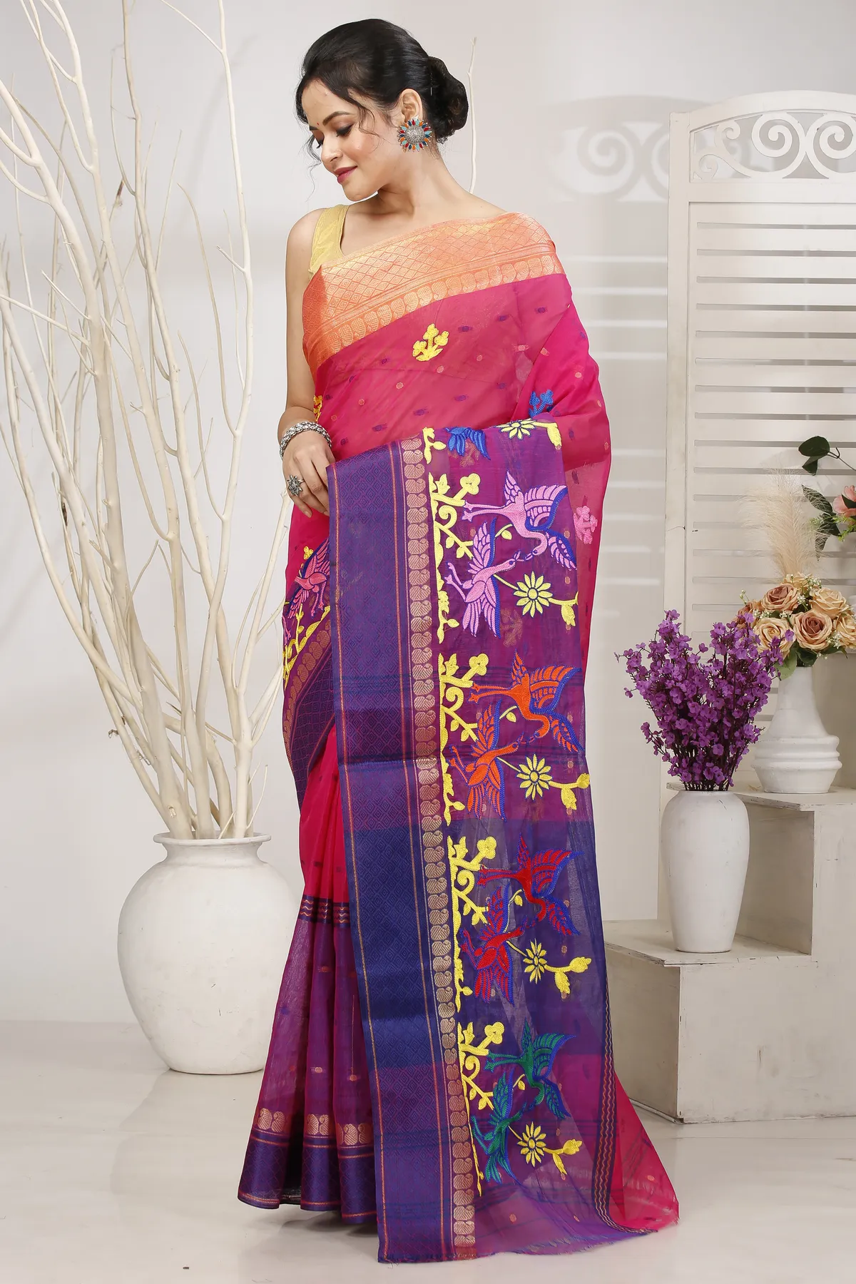 DipDiya Pure Cotton Pink Embi Ganga Bok Weaves with a Story Embroidery Tant Sarees