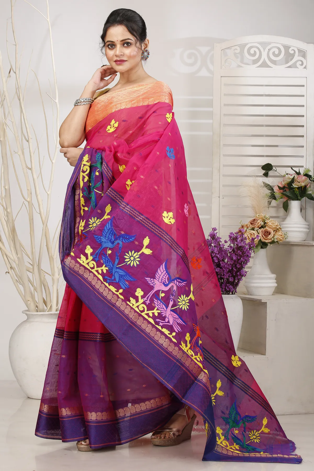 DipDiya Pure Cotton Pink Embi Ganga Bok Weaves with a Story Embroidery Tant Sarees