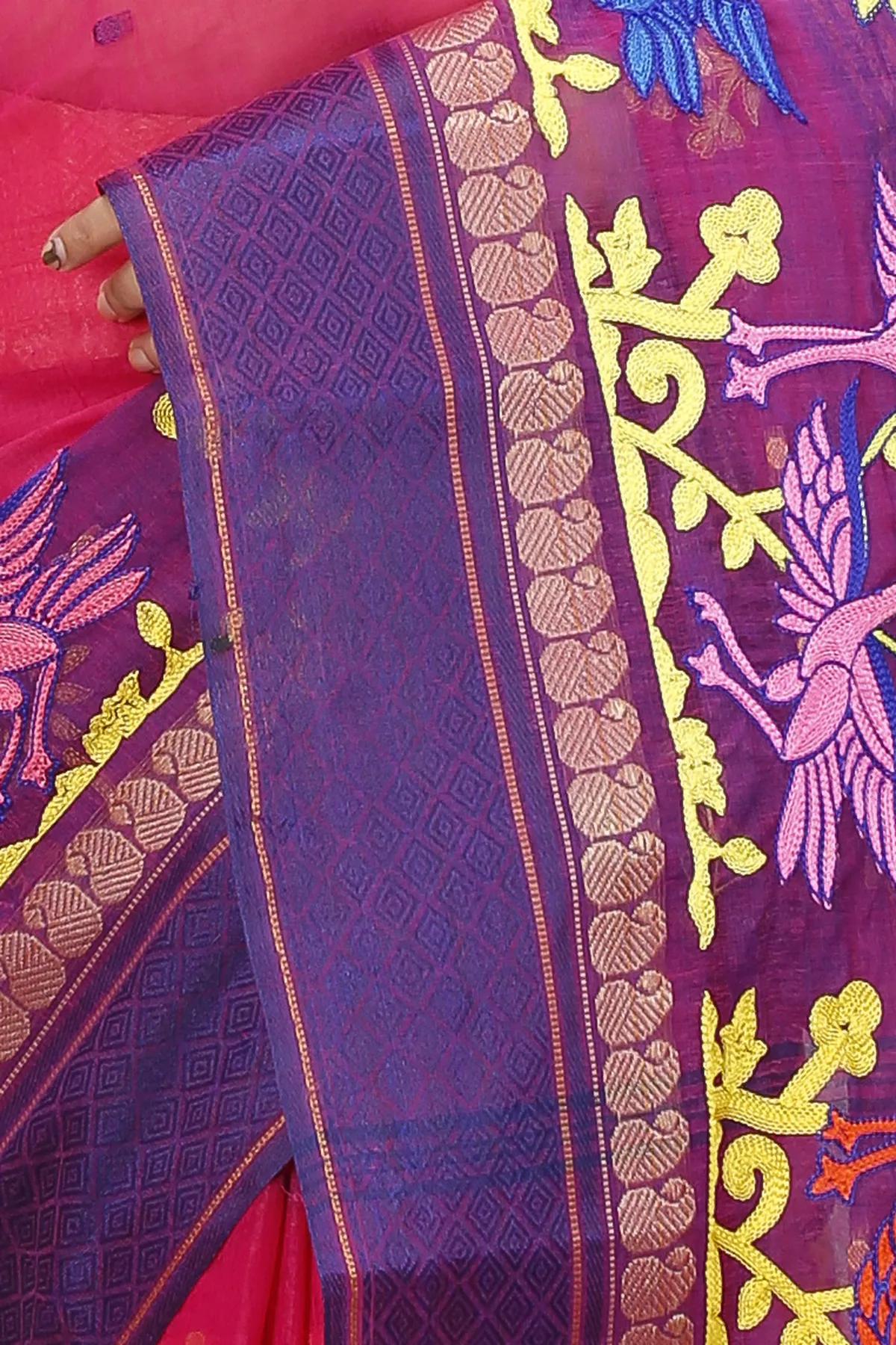 DipDiya Pure Cotton Pink Embi Ganga Bok Weaves with a Story Embroidery Tant Sarees