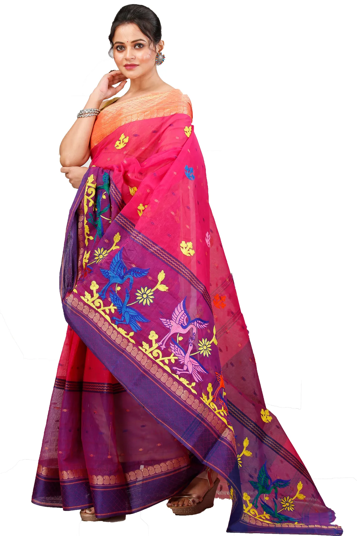 DipDiya Pure Cotton Pink Embi Ganga Bok Weaves with a Story Embroidery Tant Sarees