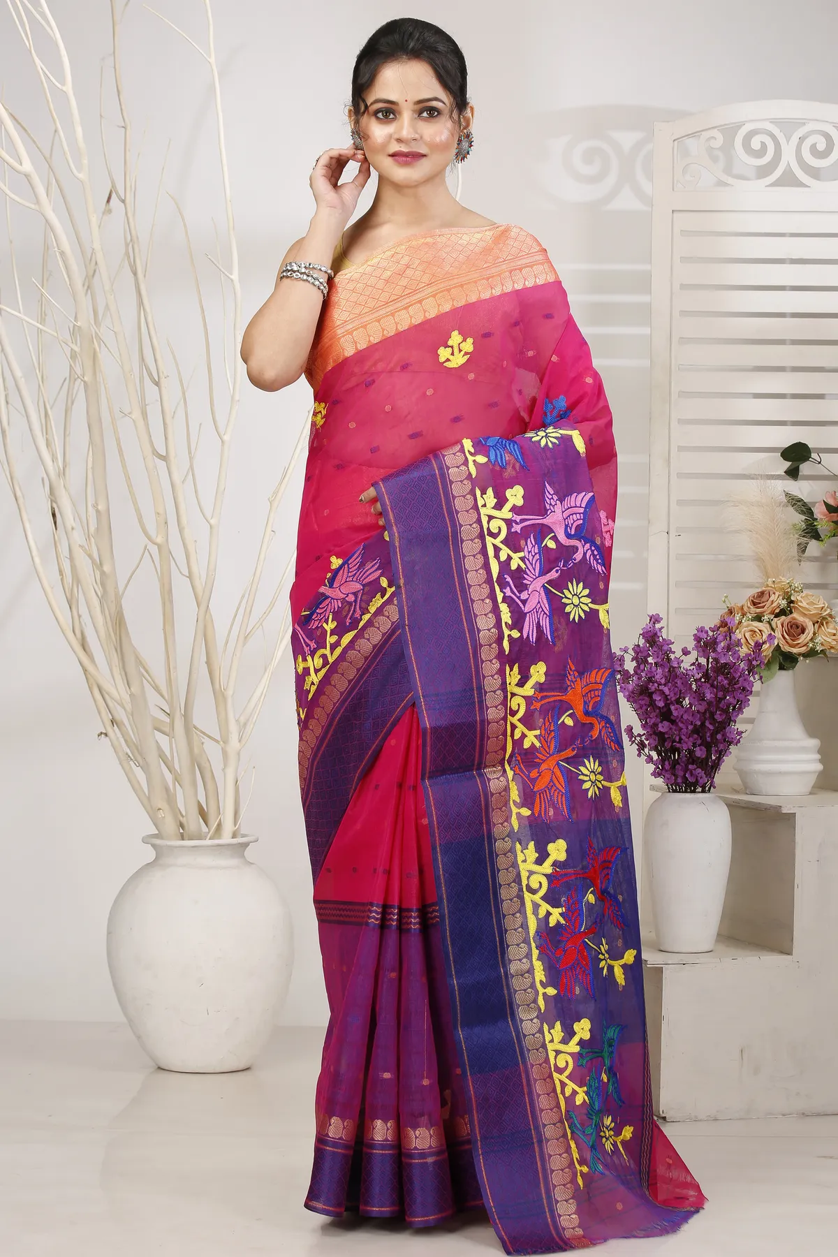 DipDiya Pure Cotton Pink Embi Ganga Bok Weaves with a Story Embroidery Tant Sarees
