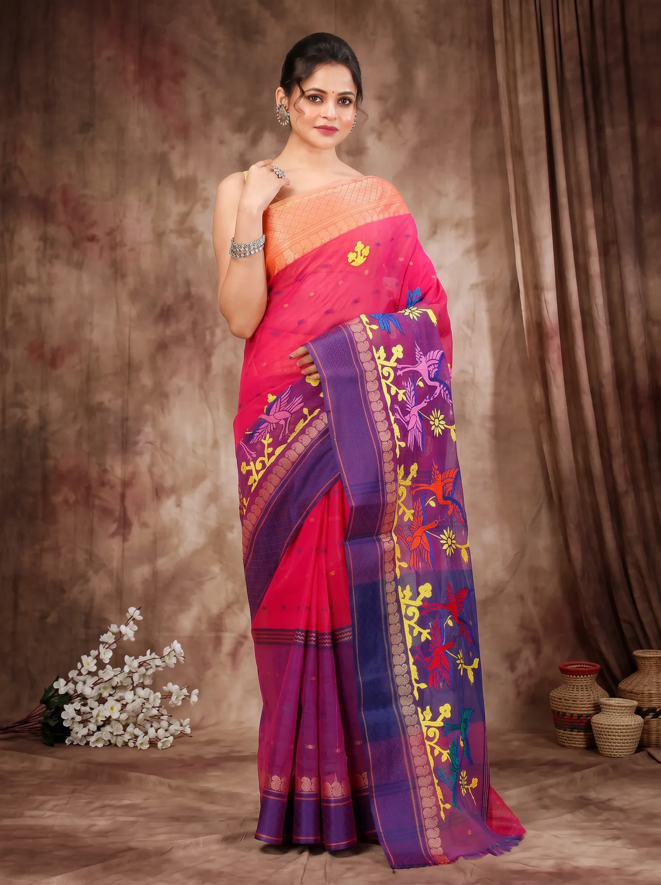 DipDiya Pure Cotton Pink Embi Ganga Bok Weaves with a Story Embroidery Tant Sarees