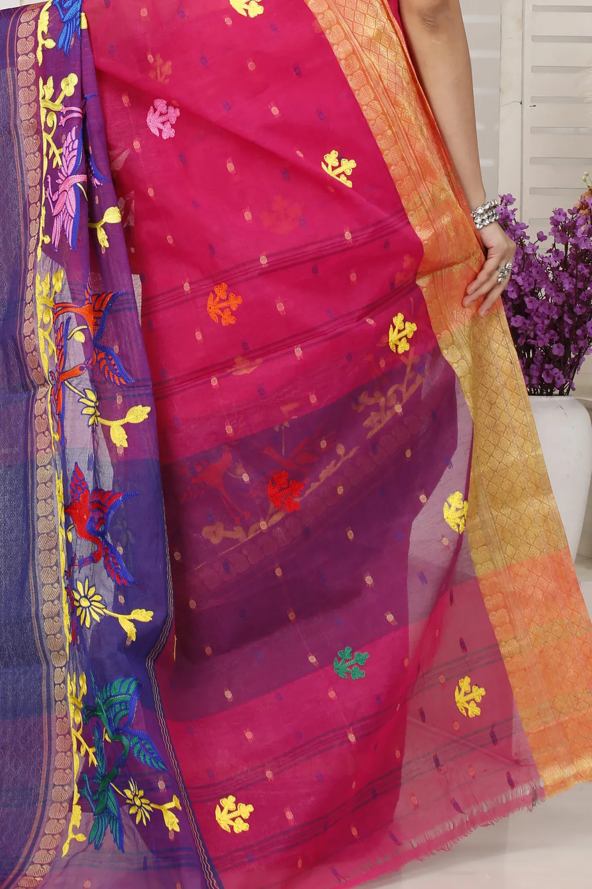 DipDiya Pure Cotton Pink Embi Ganga Bok Weaves with a Story Embroidery Tant Sarees