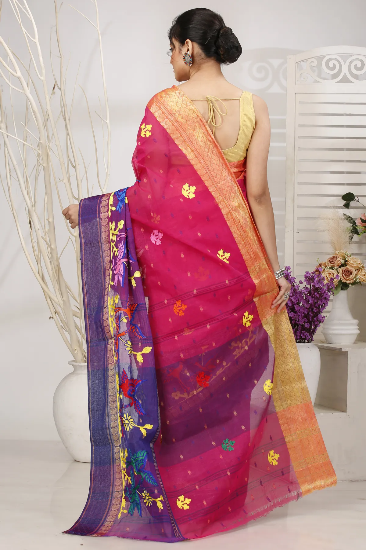 DipDiya Pure Cotton Pink Embi Ganga Bok Weaves with a Story Embroidery Tant Sarees