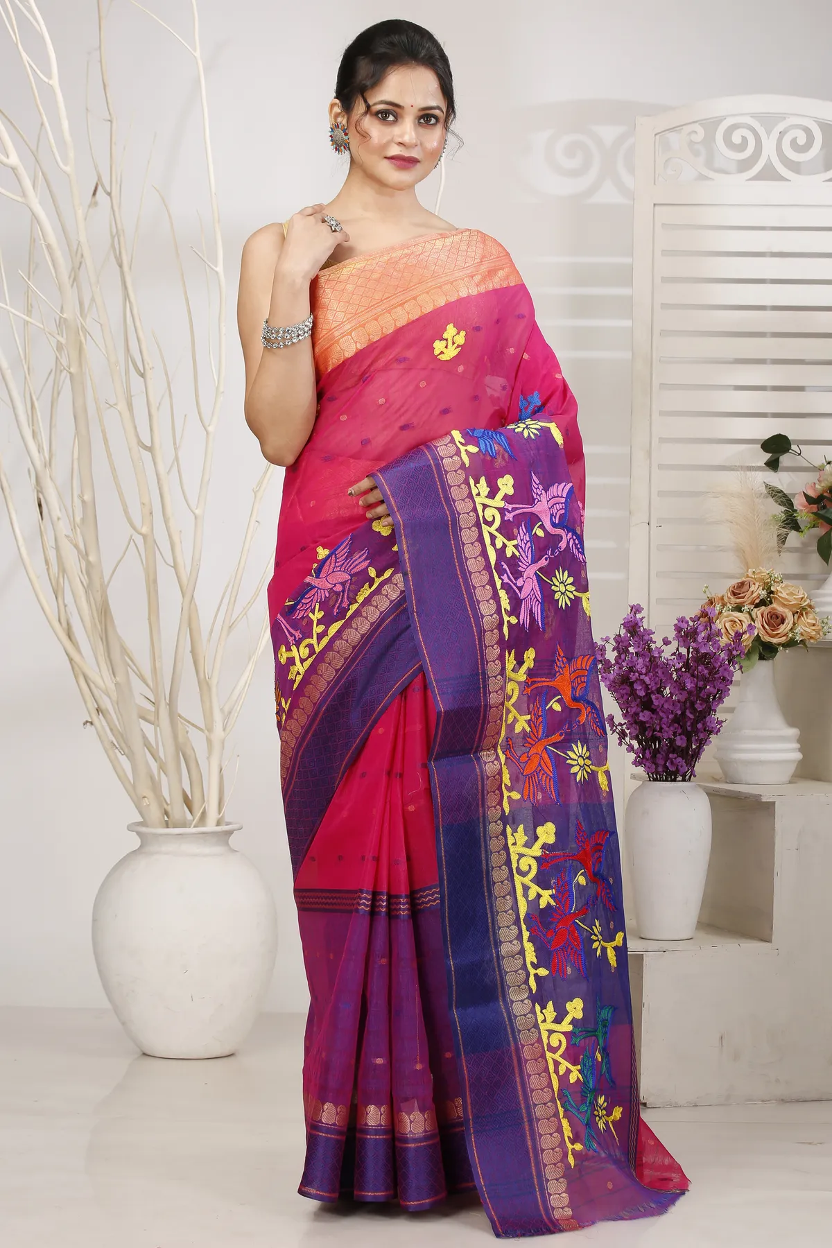 DipDiya Pure Cotton Pink Embi Ganga Bok Weaves with a Story Embroidery Tant Sarees