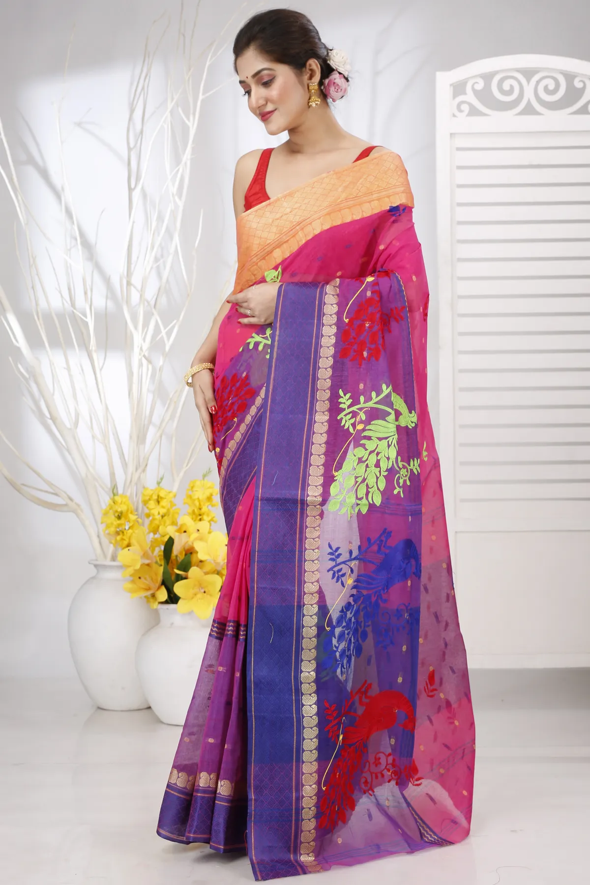 DipDiya Pure Cotton Pink Embi Ganga Moyur Artisan Crafted Embroidery Tant Sarees