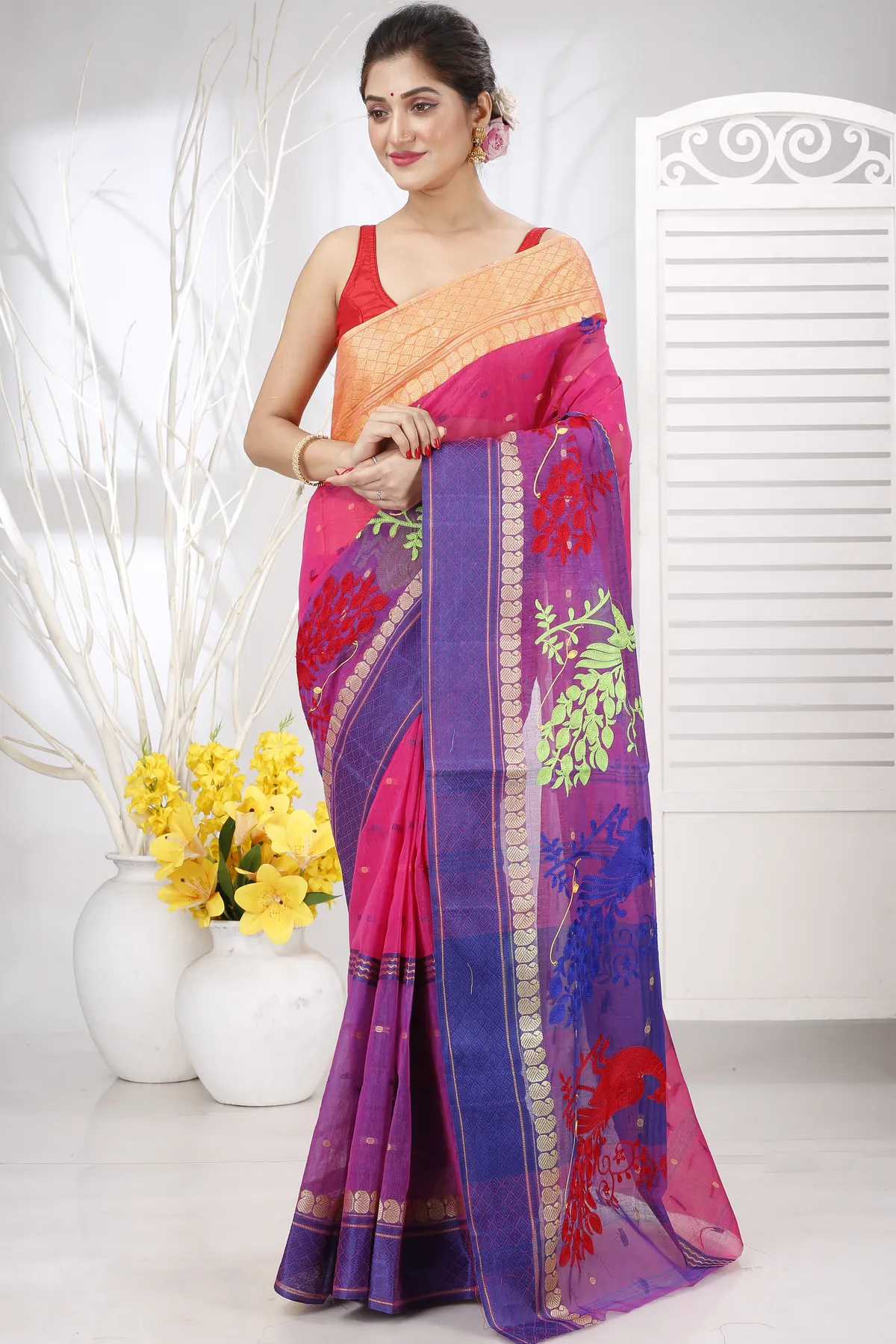 DipDiya Pure Cotton Pink Embi Ganga Moyur Artisan Crafted Embroidery Tant Sarees
