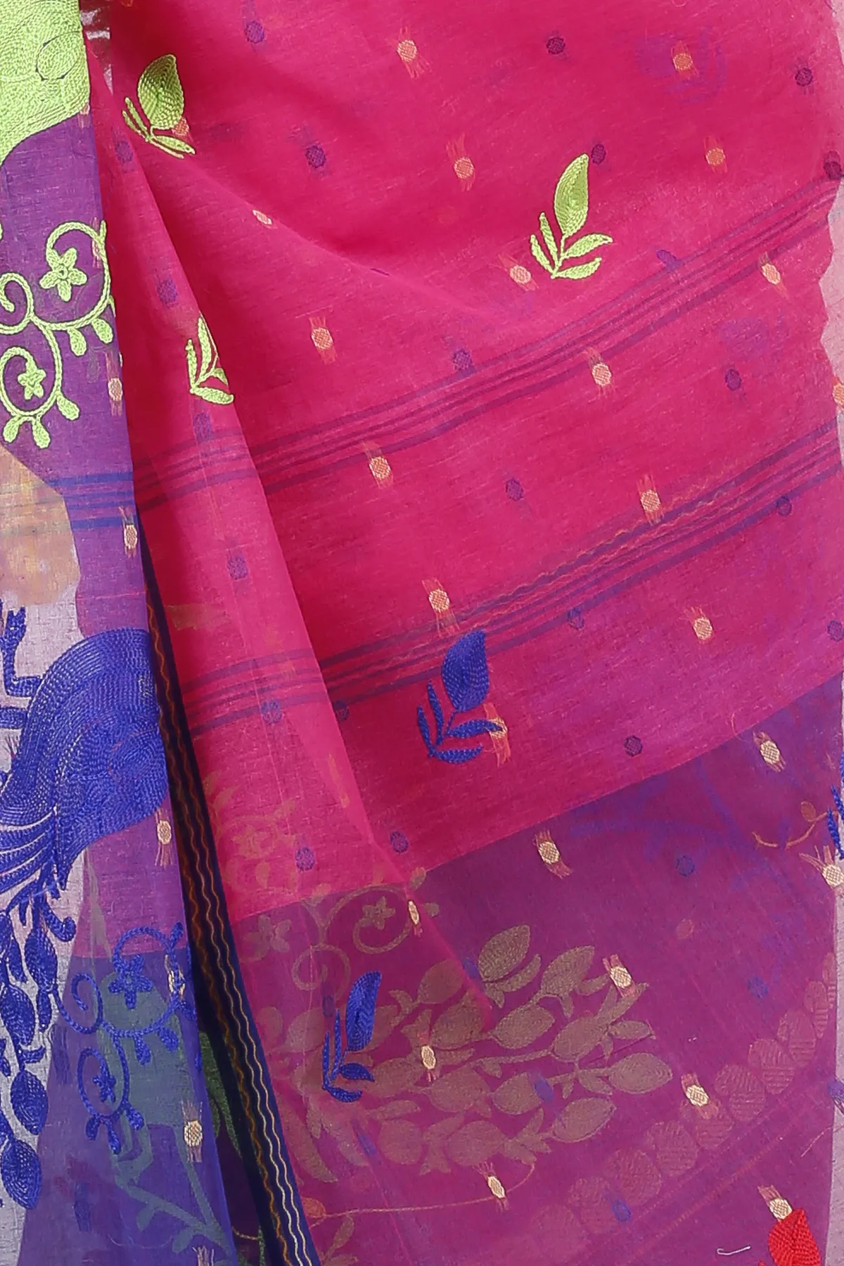 DipDiya Pure Cotton Pink Embi Ganga Moyur Artisan Crafted Embroidery Tant Sarees