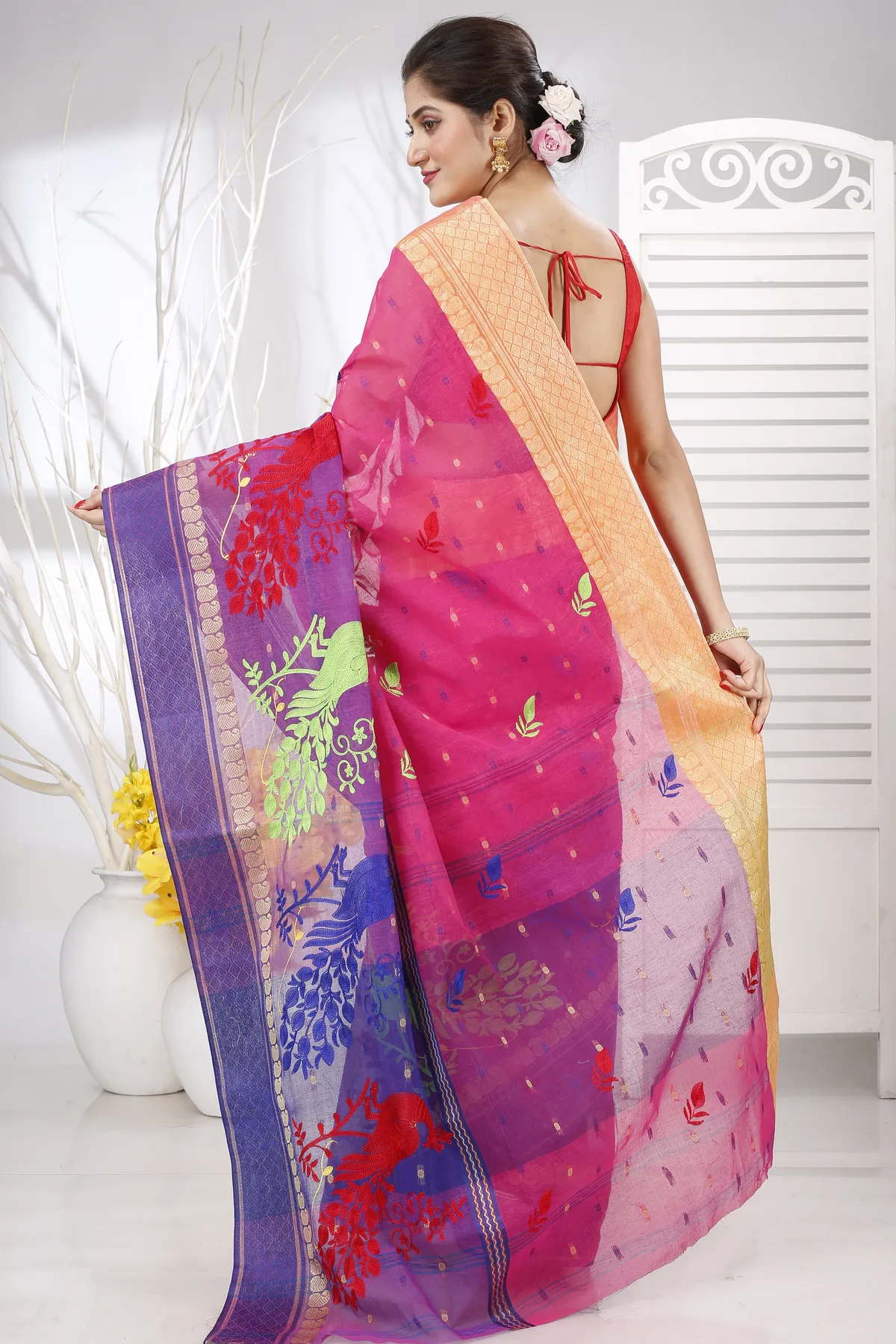 DipDiya Pure Cotton Pink Embi Ganga Moyur Artisan Crafted Embroidery Tant Sarees
