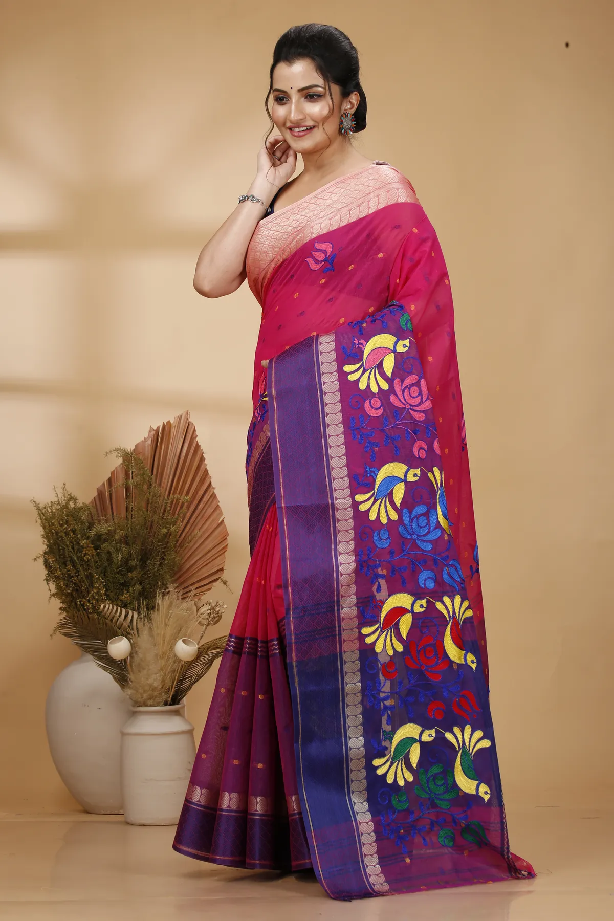 DipDiya Pure Cotton Pink Embi Ganga Sib Timeless Bengal Embroidery Tant Sarees