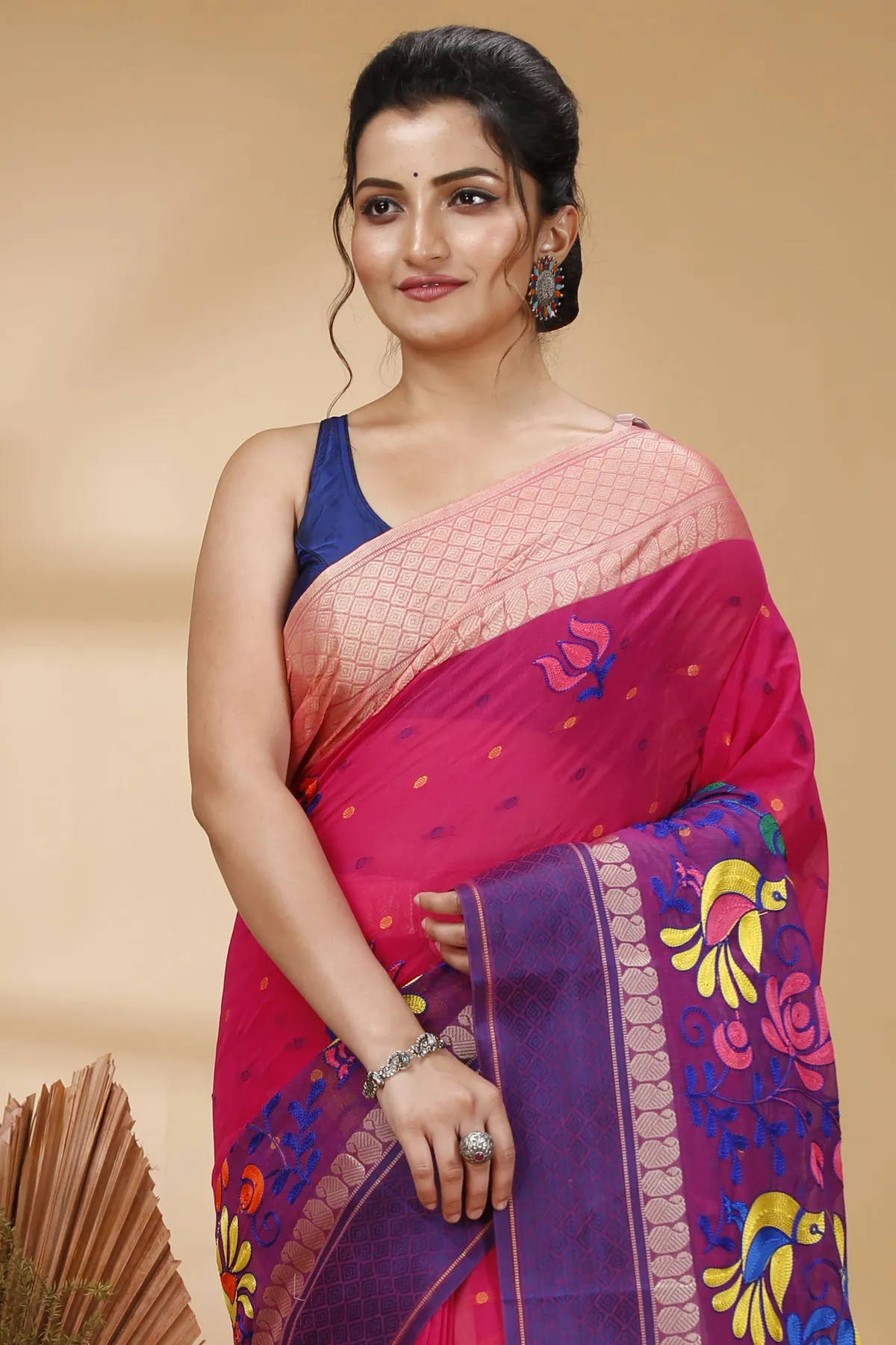 DipDiya Pure Cotton Pink Embi Ganga Sib Timeless Bengal Embroidery Tant Sarees