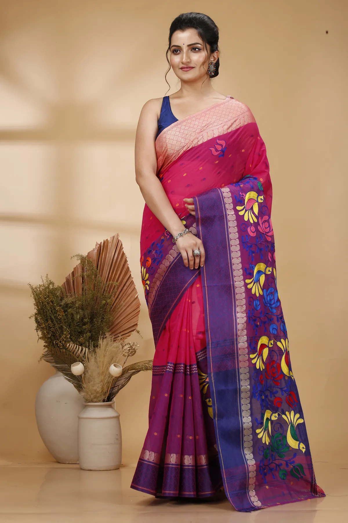 DipDiya Pure Cotton Pink Embi Ganga Sib Timeless Bengal Embroidery Tant Sarees