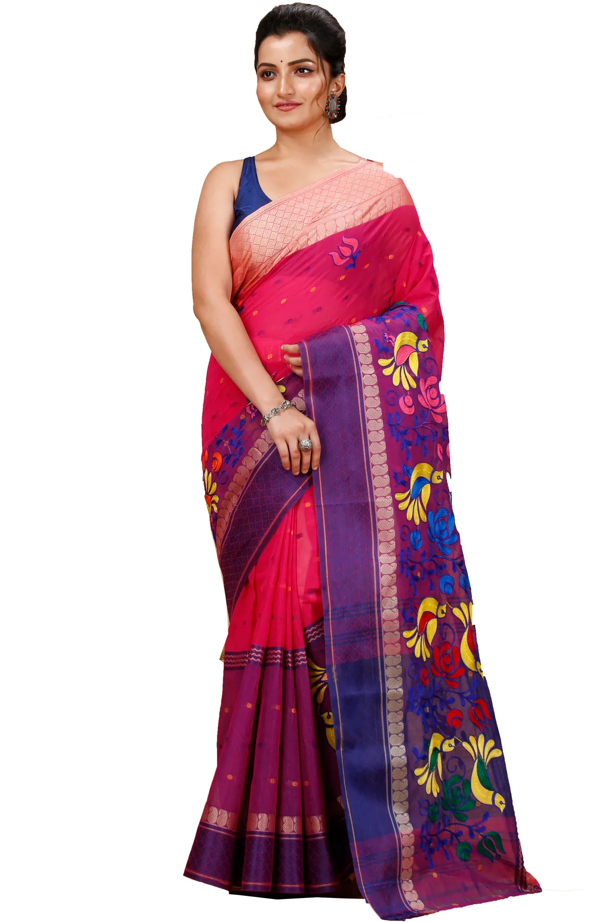 DipDiya Pure Cotton Pink Embi Ganga Sib Timeless Bengal Embroidery Tant Sarees
