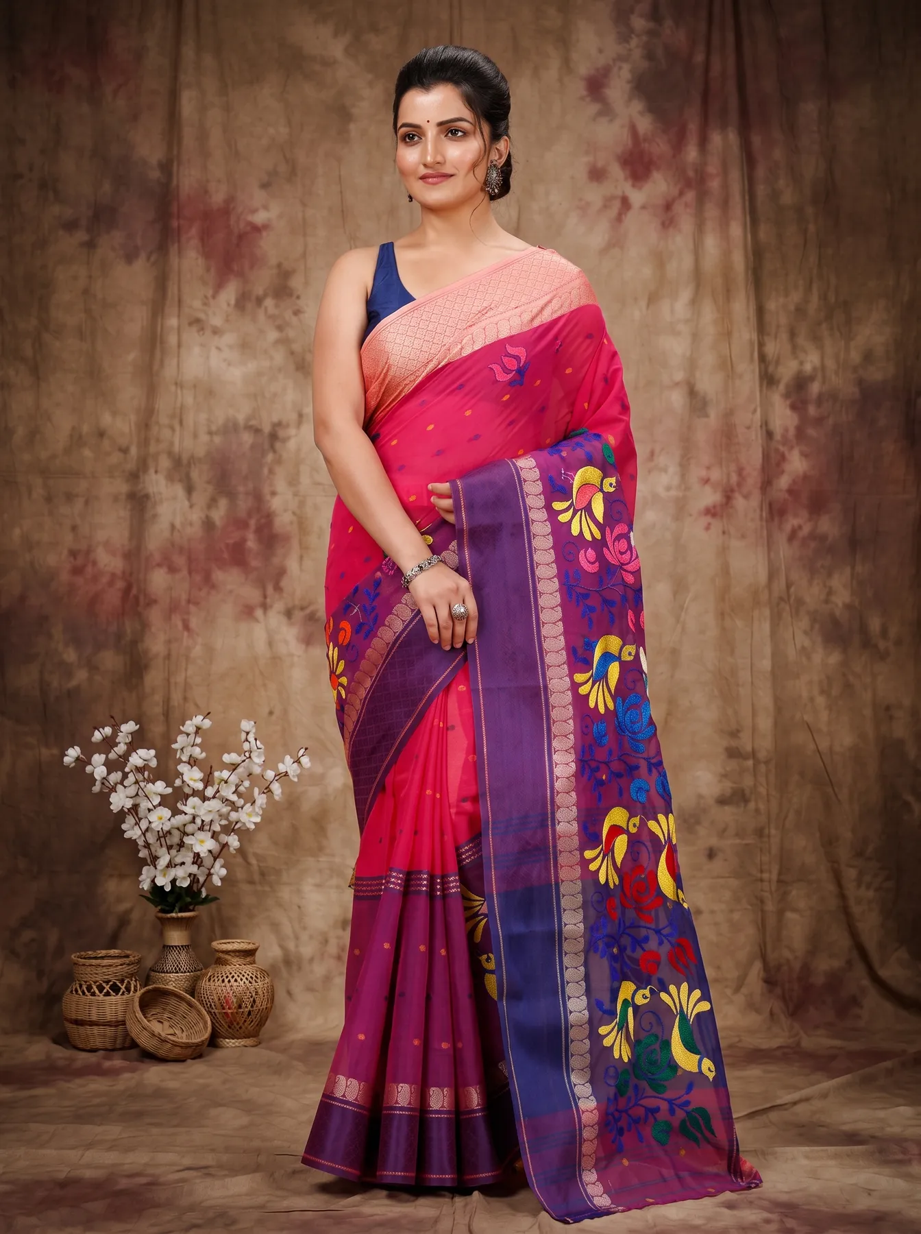 DipDiya Pure Cotton Pink Embi Ganga Sib Timeless Bengal Embroidery Tant Sarees