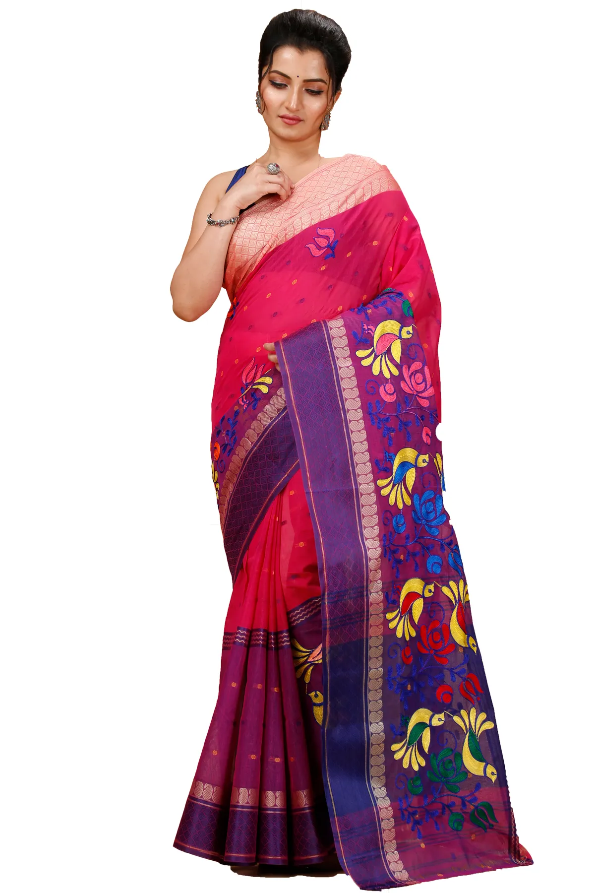 DipDiya Pure Cotton Pink Embi Ganga Sib Timeless Bengal Embroidery Tant Sarees
