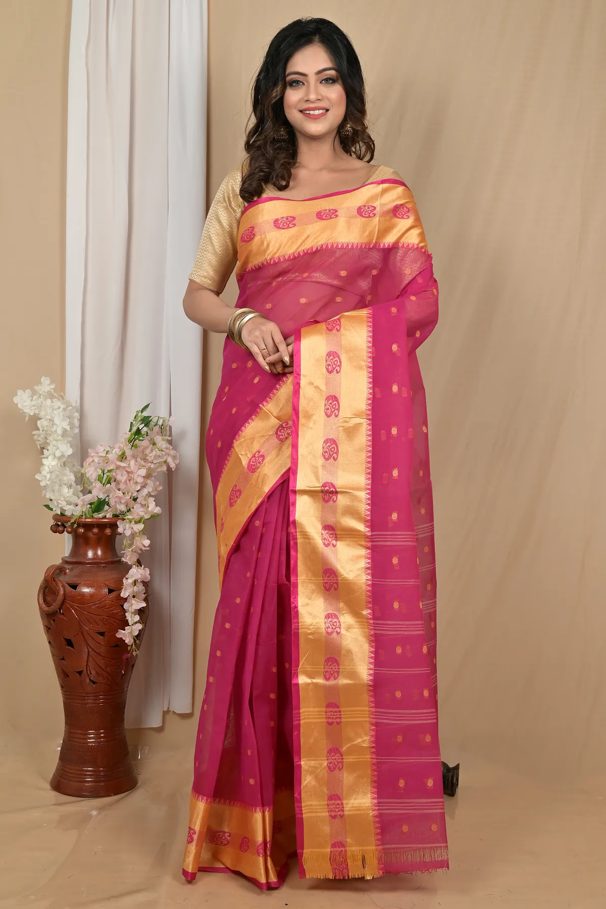 DipDiya Pure Cotton Pink Gold Achma Bengal’s Legacy Tant Sarees