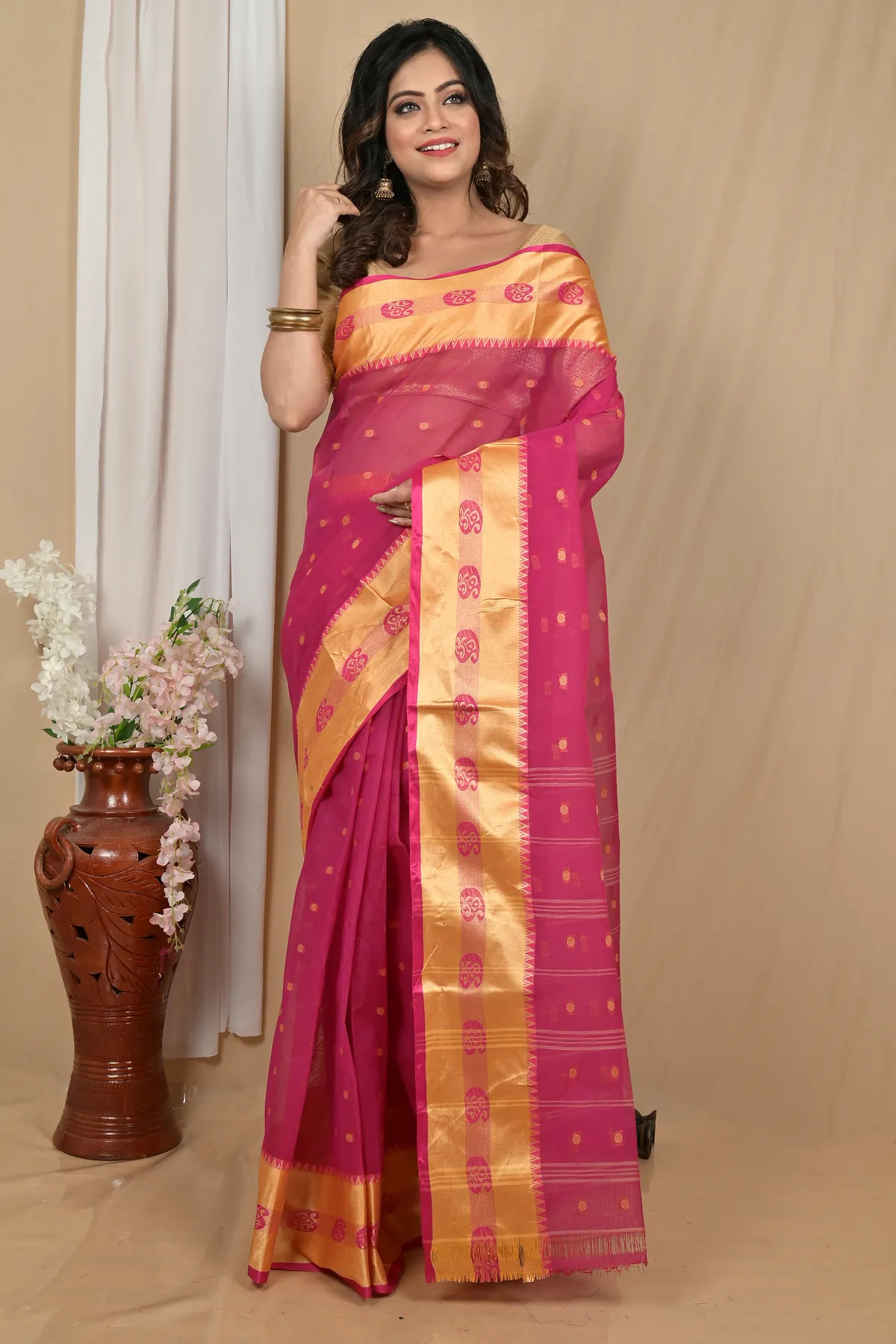DipDiya Pure Cotton Pink Gold Achma Bengal’s Legacy Tant Sarees