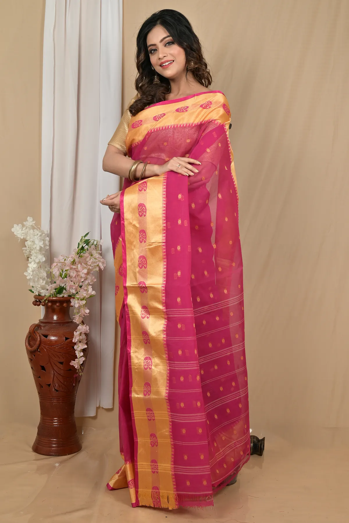 DipDiya Pure Cotton Pink Gold Achma Bengal’s Legacy Tant Sarees