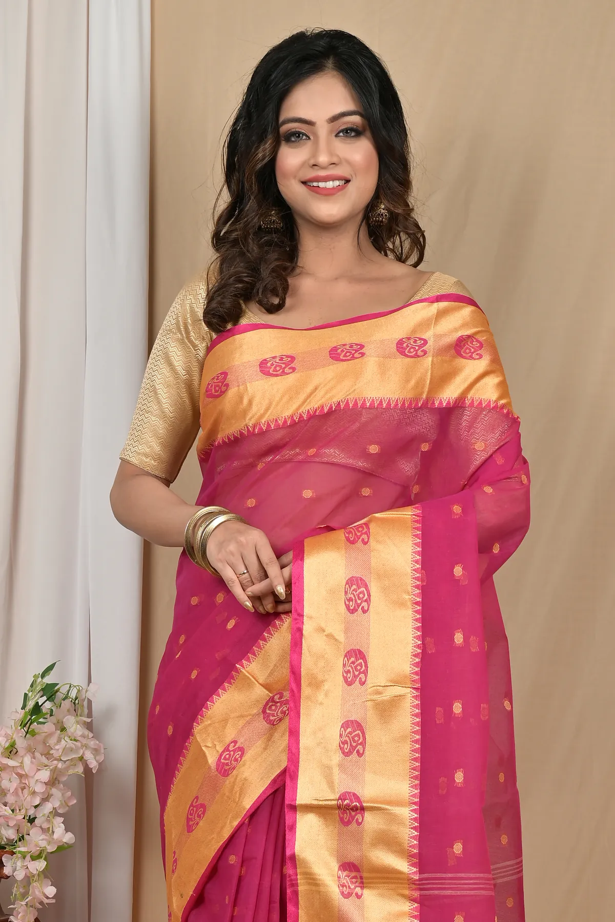 DipDiya Pure Cotton Pink Gold Achma Bengal’s Legacy Tant Sarees