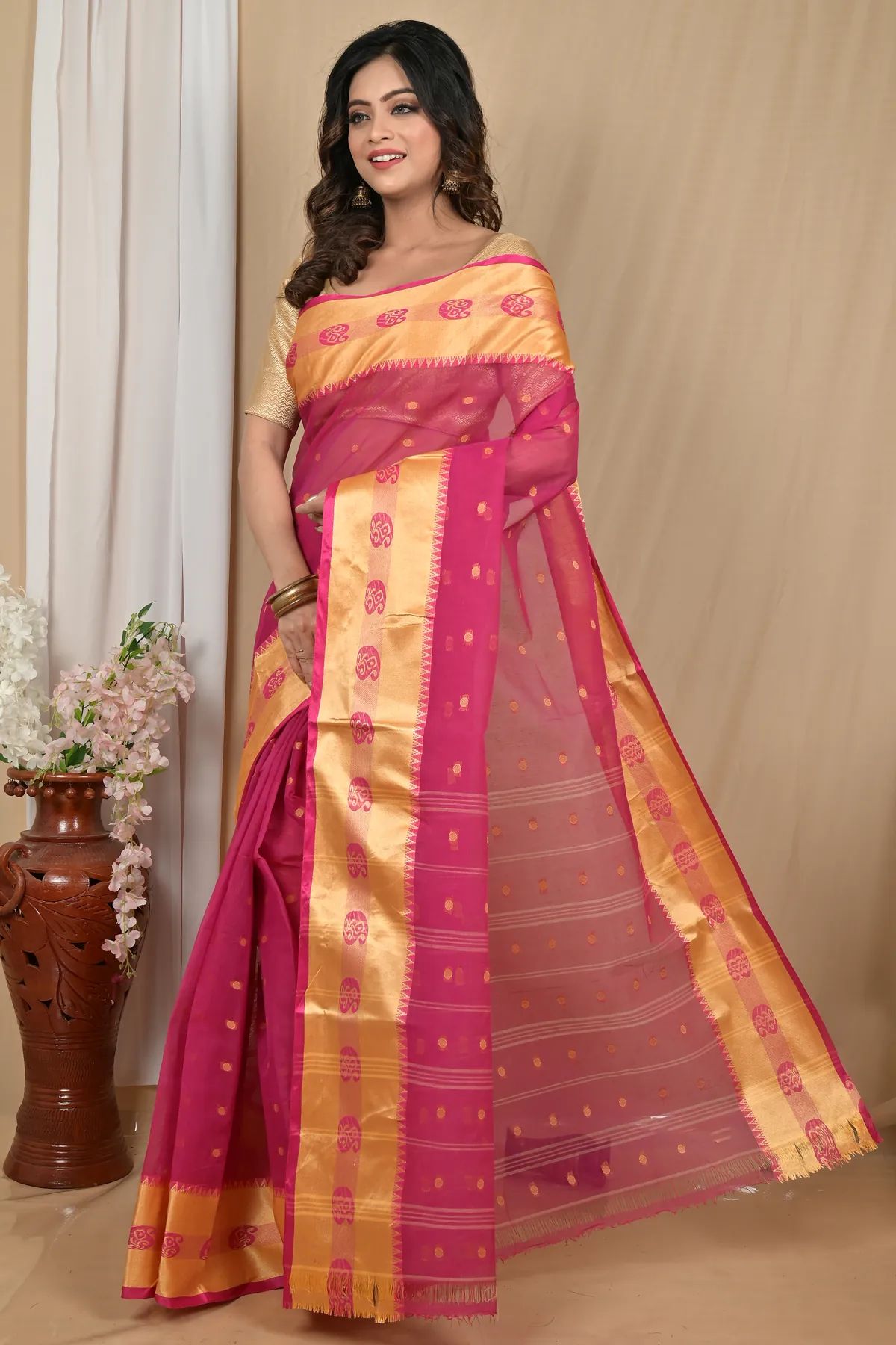 DipDiya Pure Cotton Pink Gold Achma Bengal’s Legacy Tant Sarees