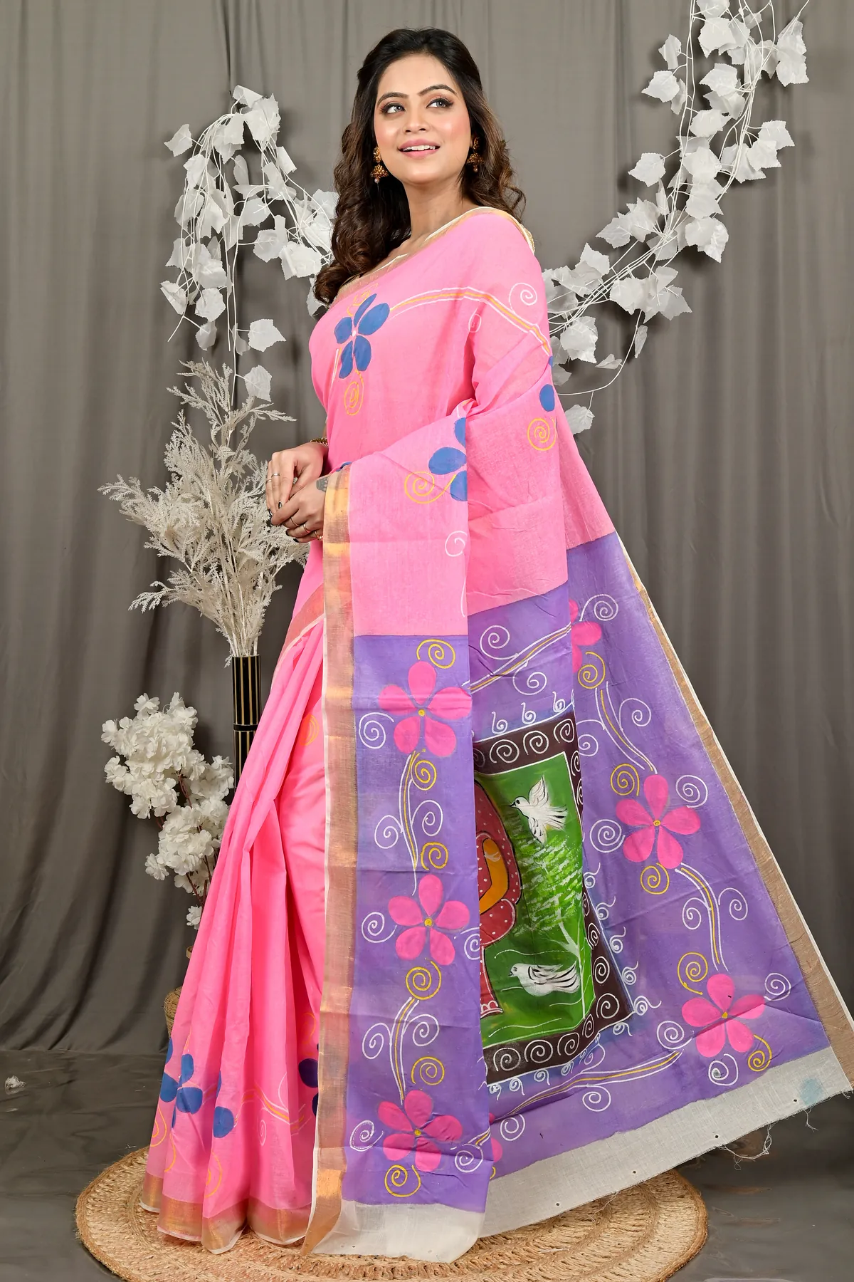 DipDiya Pure Cotton Pink Hataka Artisan Crafted Hand Painted Sarees