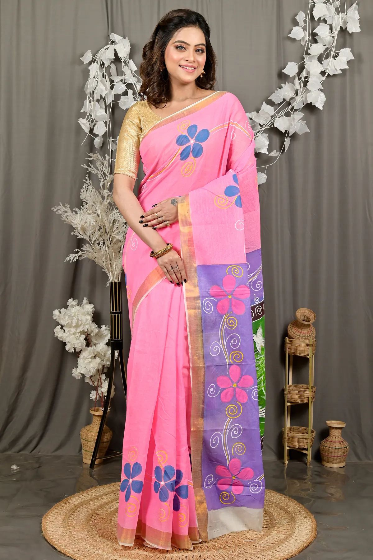 DipDiya Pure Cotton Pink Hataka Artisan Crafted Hand Painted Sarees