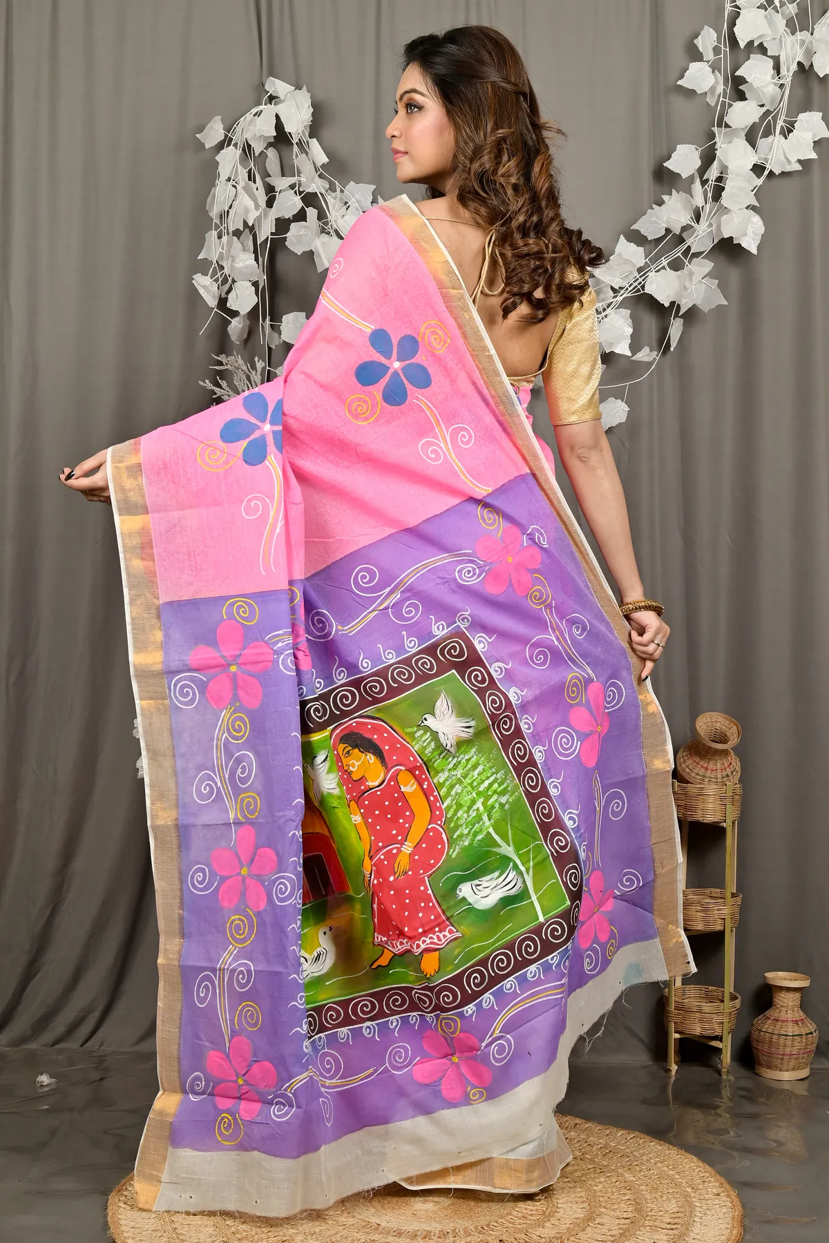 DipDiya Pure Cotton Pink Hataka Artisan Crafted Hand Painted Sarees