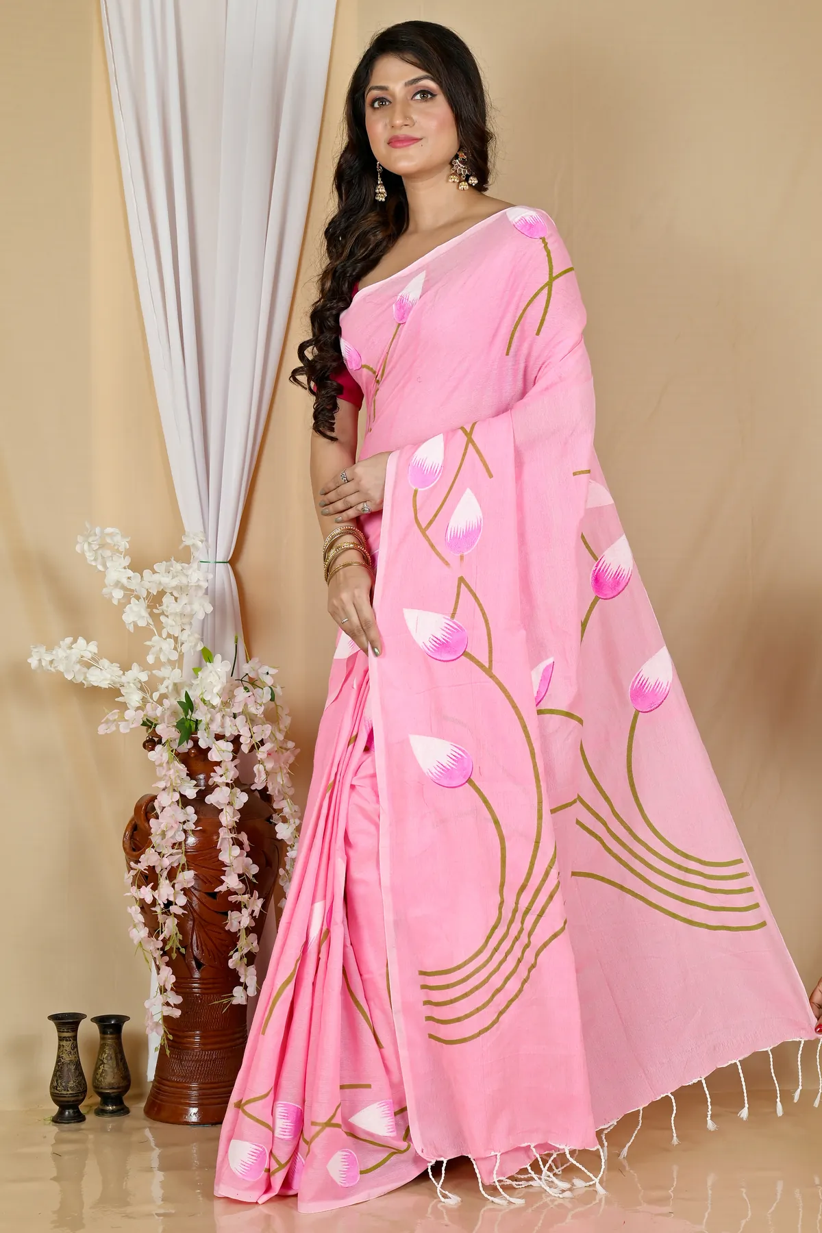 DipDiya Pure Cotton Pink Kamal Masterfully Woven Hand Painted Sarees