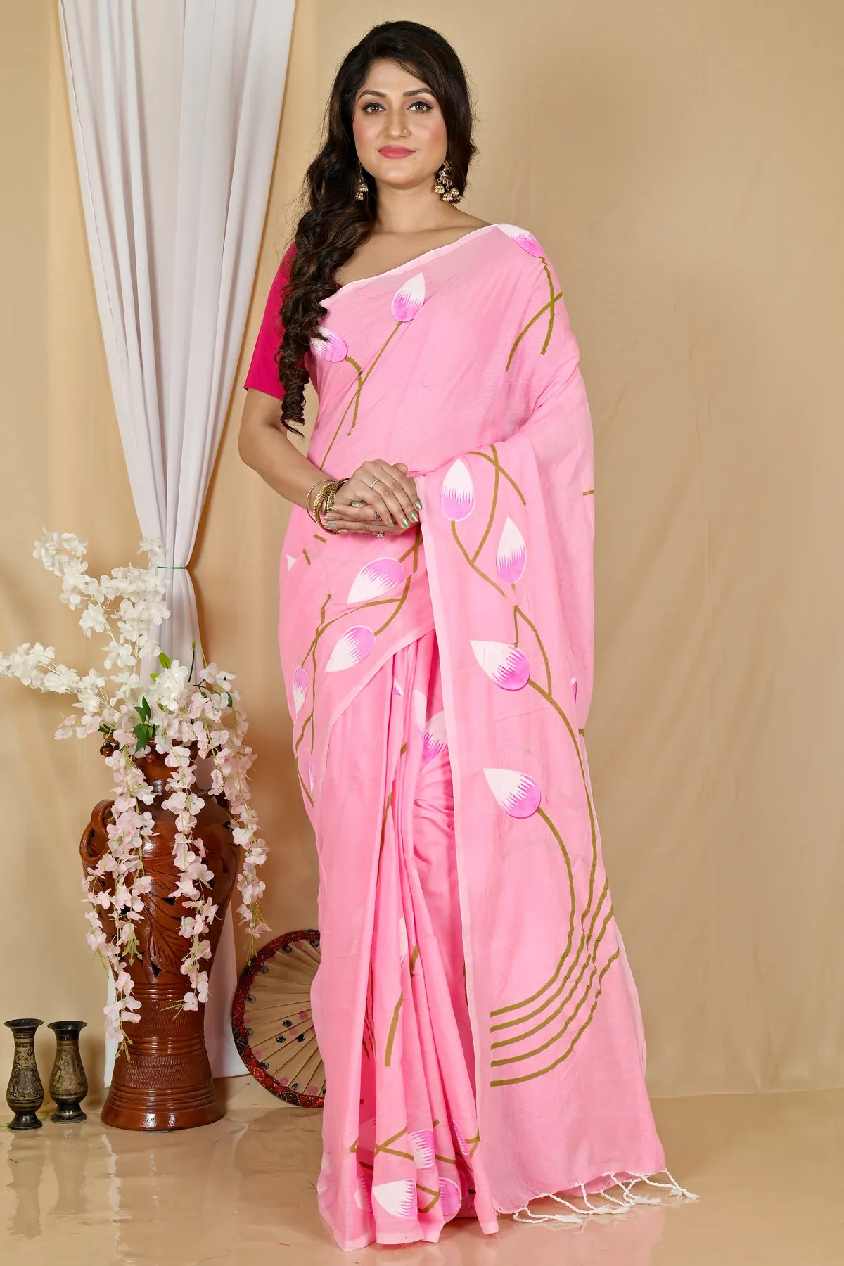 DipDiya Pure Cotton Pink Kamal Masterfully Woven Hand Painted Sarees