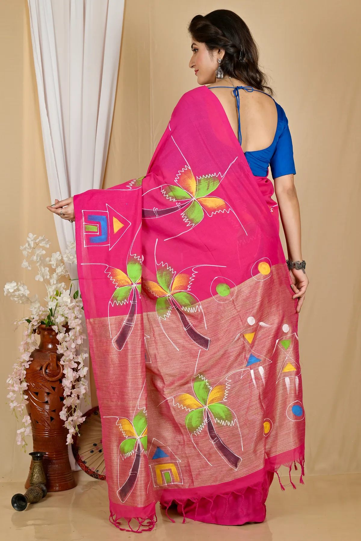 DipDiya Pure Cotton Pink Keshaka Woven with Tradition Hand Painted Sarees