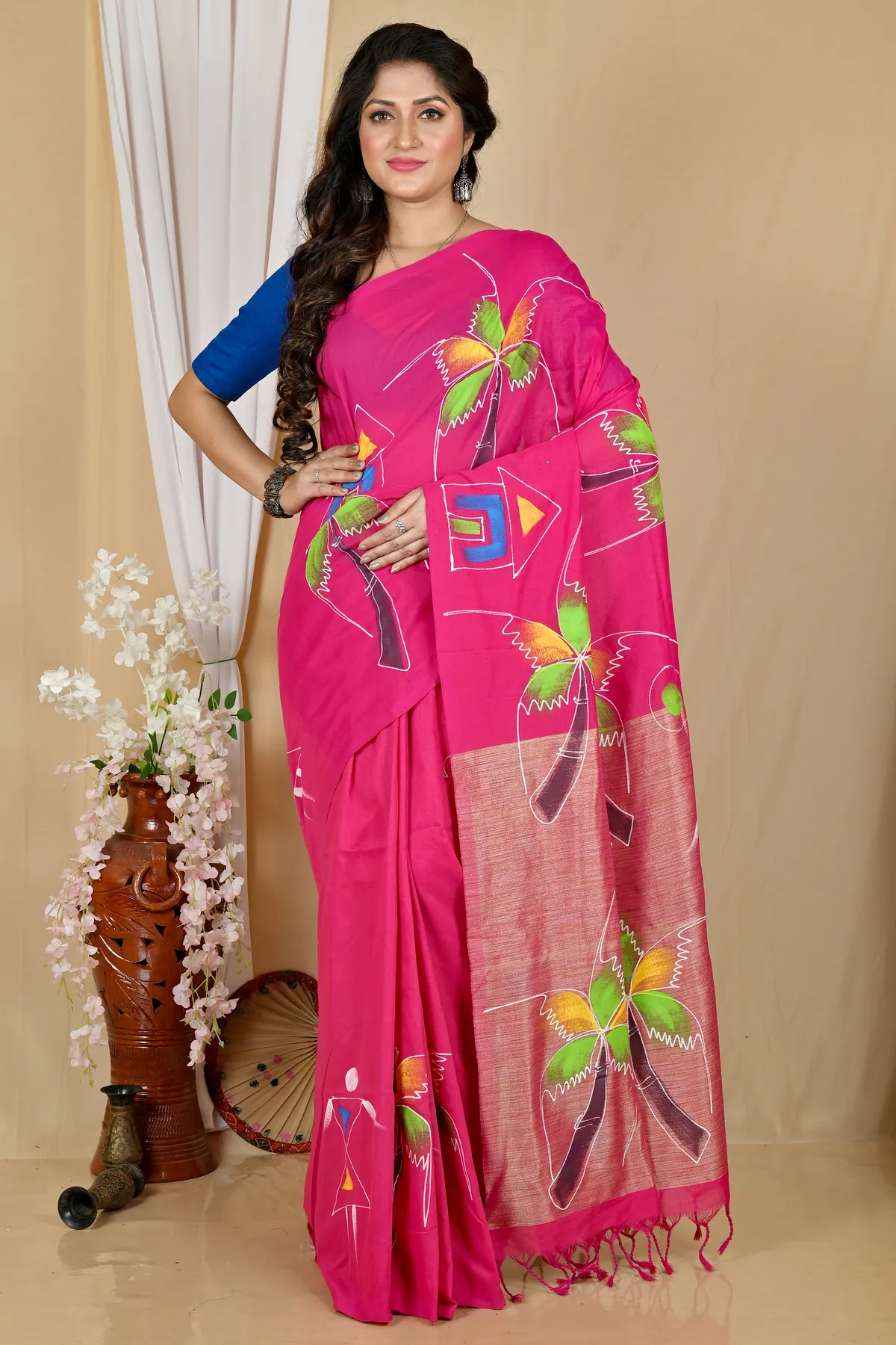DipDiya Pure Cotton Pink Keshaka Woven with Tradition Hand Painted Sarees
