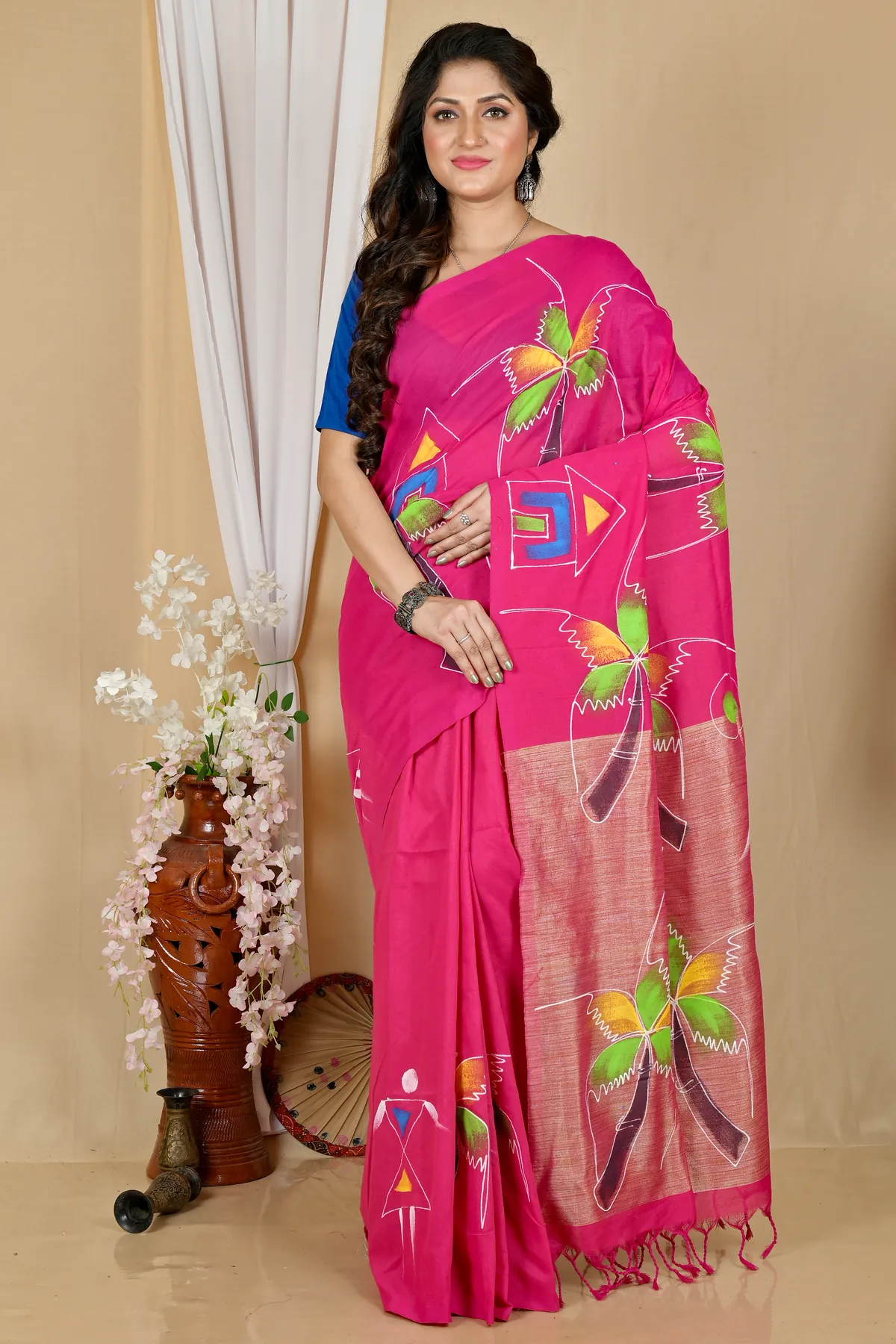 DipDiya Pure Cotton Pink Keshaka Woven with Tradition Hand Painted Sarees