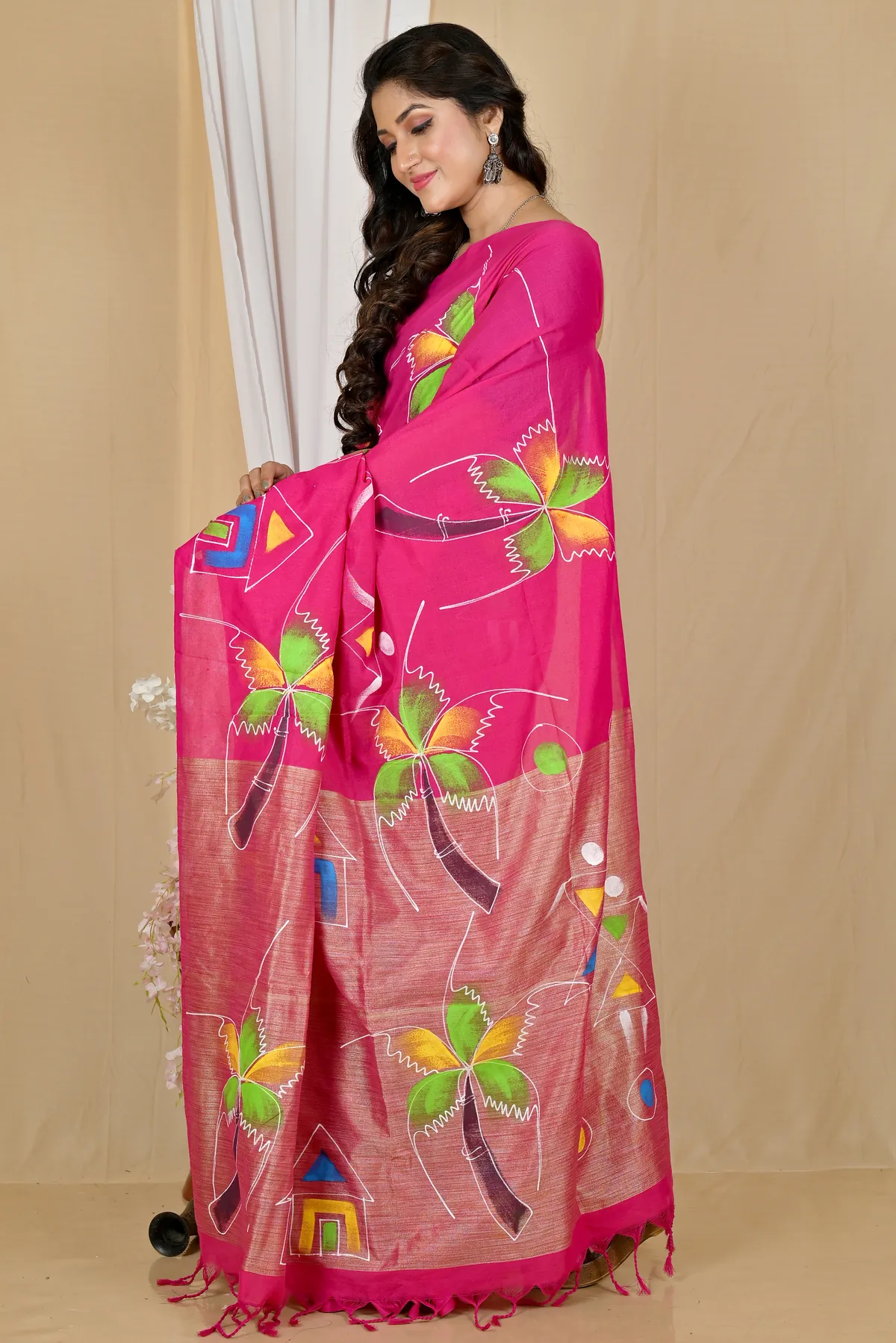 DipDiya Pure Cotton Pink Keshaka Woven with Tradition Hand Painted Sarees