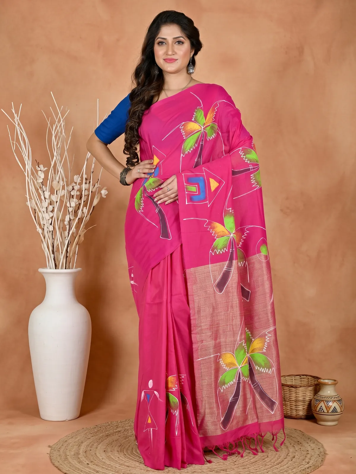 DipDiya Pure Cotton Pink Keshaka Woven with Tradition Hand Painted Sarees