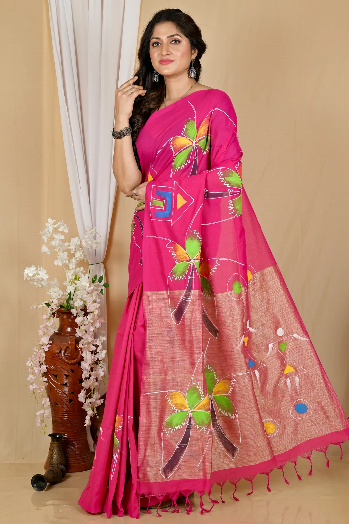 DipDiya Pure Cotton Pink Keshaka Woven with Tradition Hand Painted Sarees