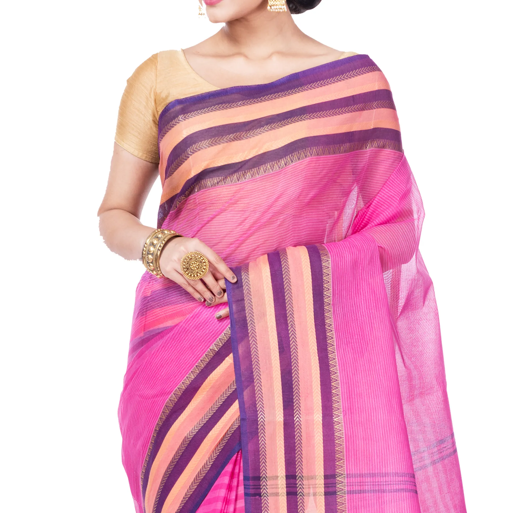 DipDiya Pure Cotton Pink Khajur Churi Strip Pure Bengali Grace Tant Sarees