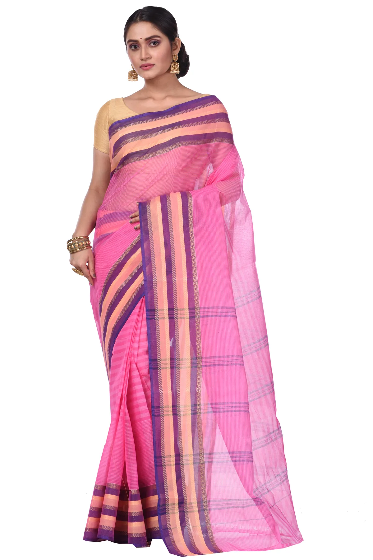 DipDiya Pure Cotton Pink Khajur Churi Strip Pure Bengali Grace Tant Sarees