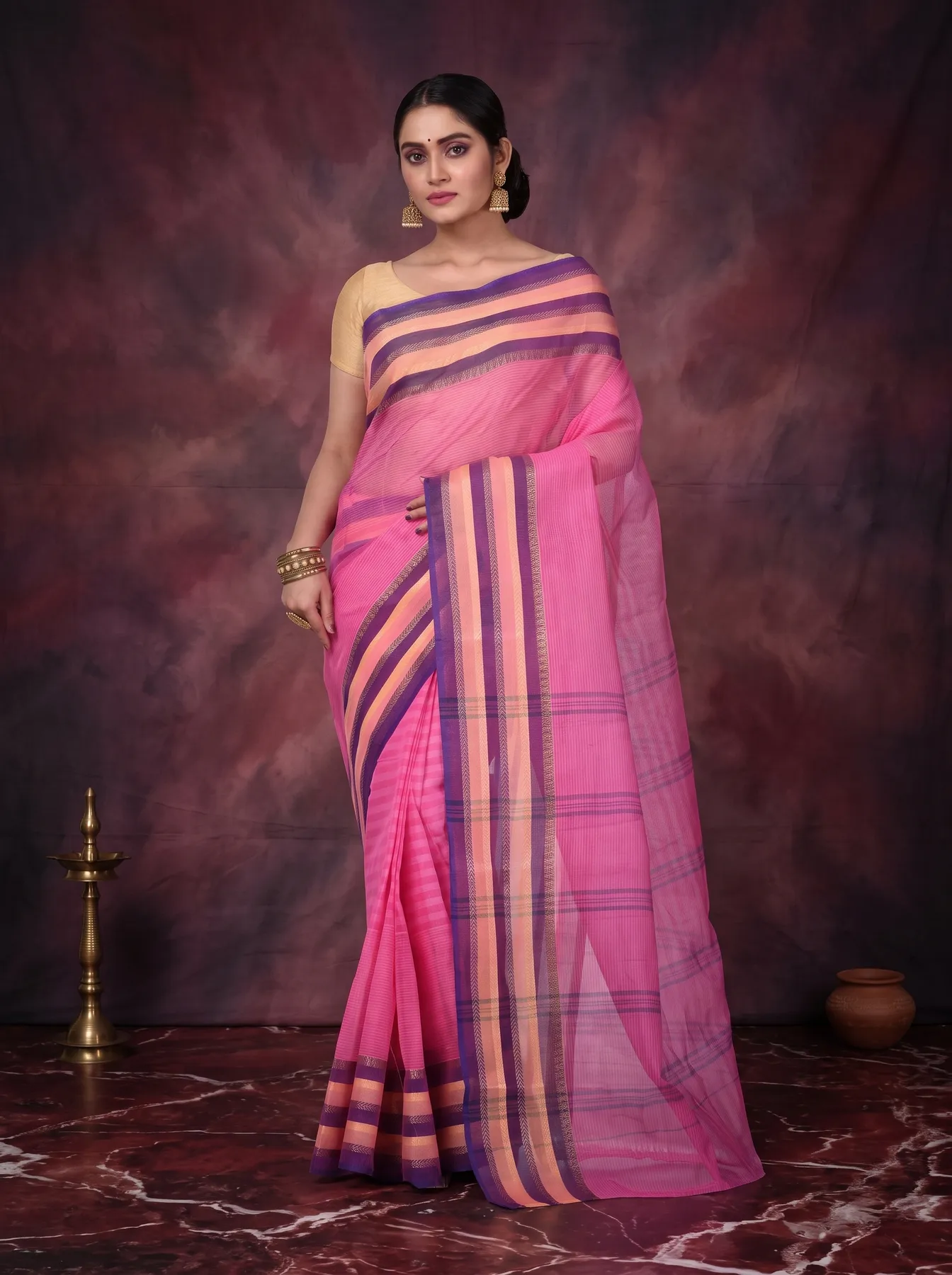 DipDiya Pure Cotton Pink Khajur Churi Strip Pure Bengali Grace Tant Sarees