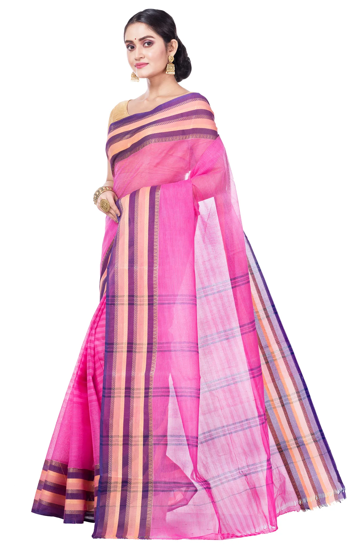 DipDiya Pure Cotton Pink Khajur Churi Strip Pure Bengali Grace Tant Sarees