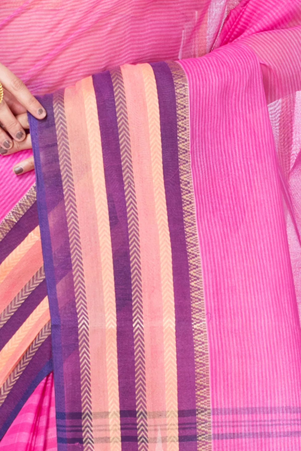 DipDiya Pure Cotton Pink Khajur Churi Strip Pure Bengali Grace Tant Sarees