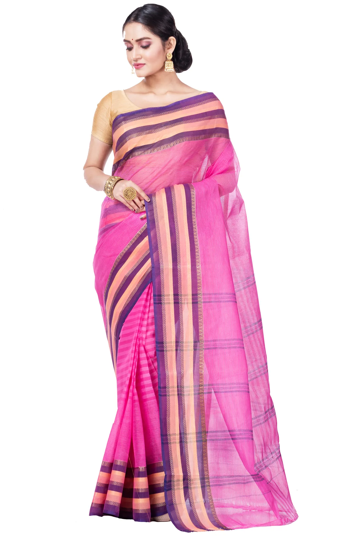 DipDiya Pure Cotton Pink Khajur Churi Strip Pure Bengali Grace Tant Sarees