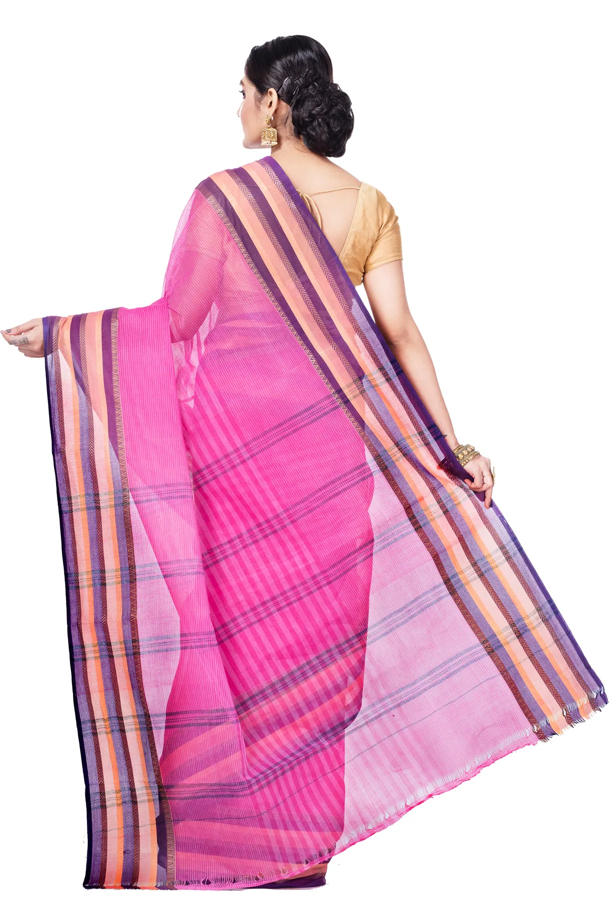 DipDiya Pure Cotton Pink Khajur Churi Strip Pure Bengali Grace Tant Sarees