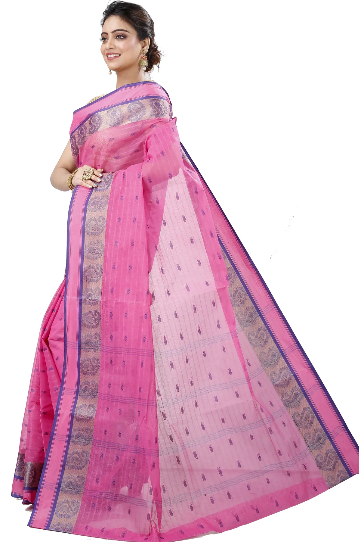 DipDiya Pure Cotton Pink Kolka Guti Heritage of Bengal Tant Sarees