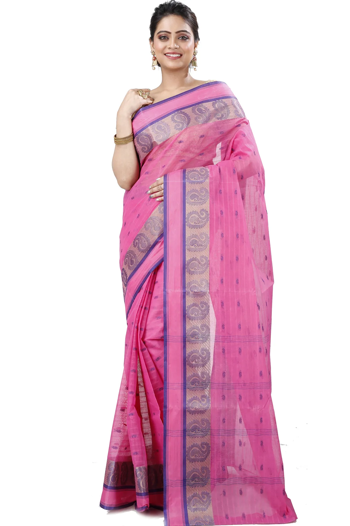 DipDiya Pure Cotton Pink Kolka Guti Heritage of Bengal Tant Sarees