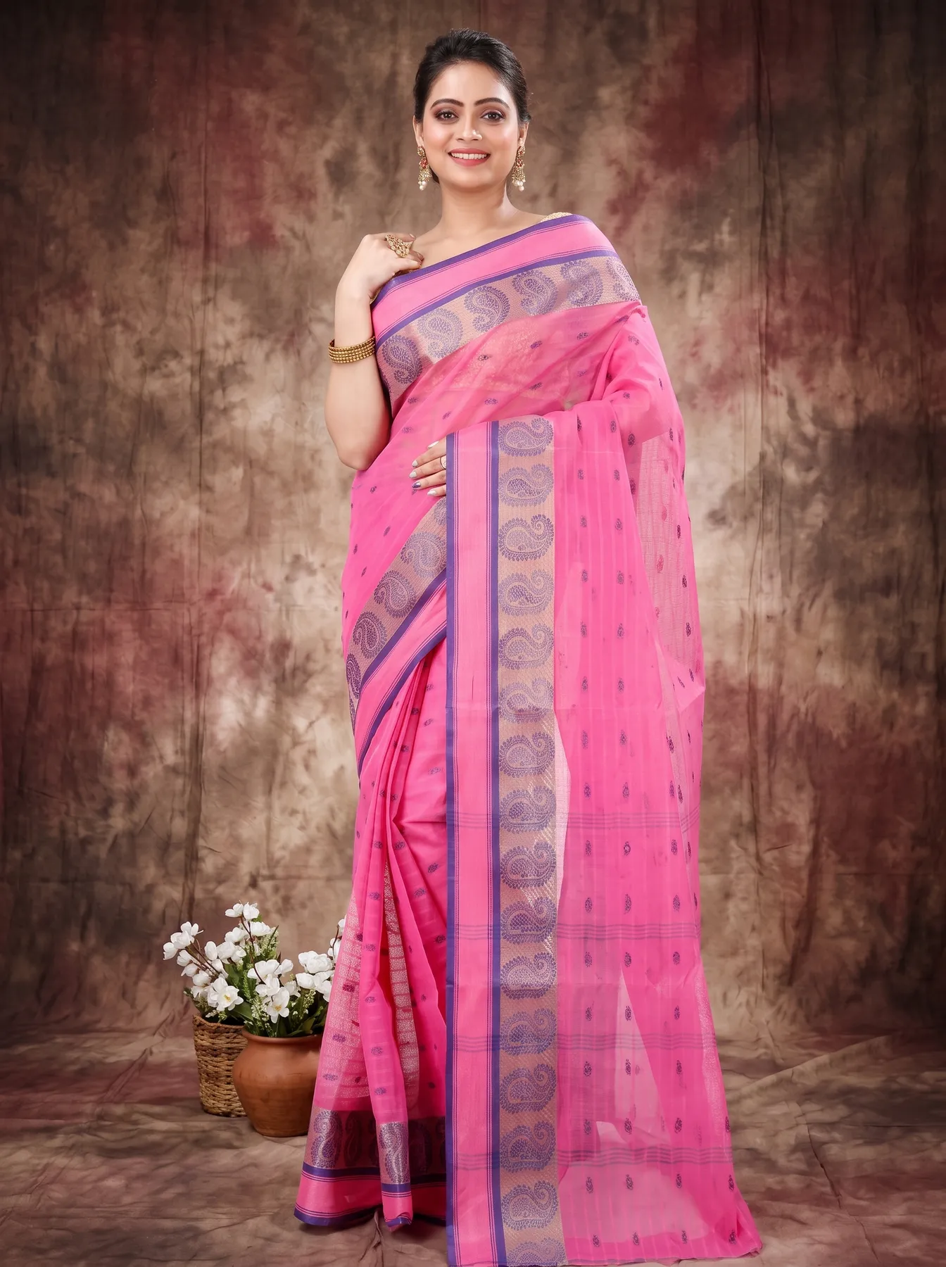 DipDiya Pure Cotton Pink Kolka Guti Heritage of Bengal Tant Sarees