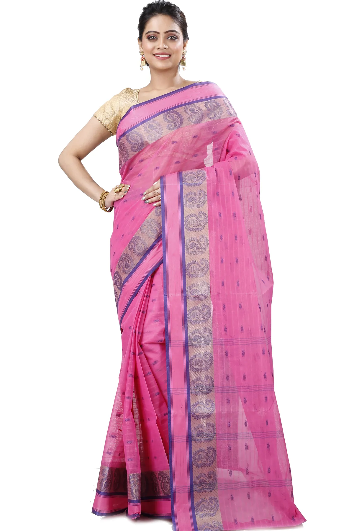 DipDiya Pure Cotton Pink Kolka Guti Heritage of Bengal Tant Sarees