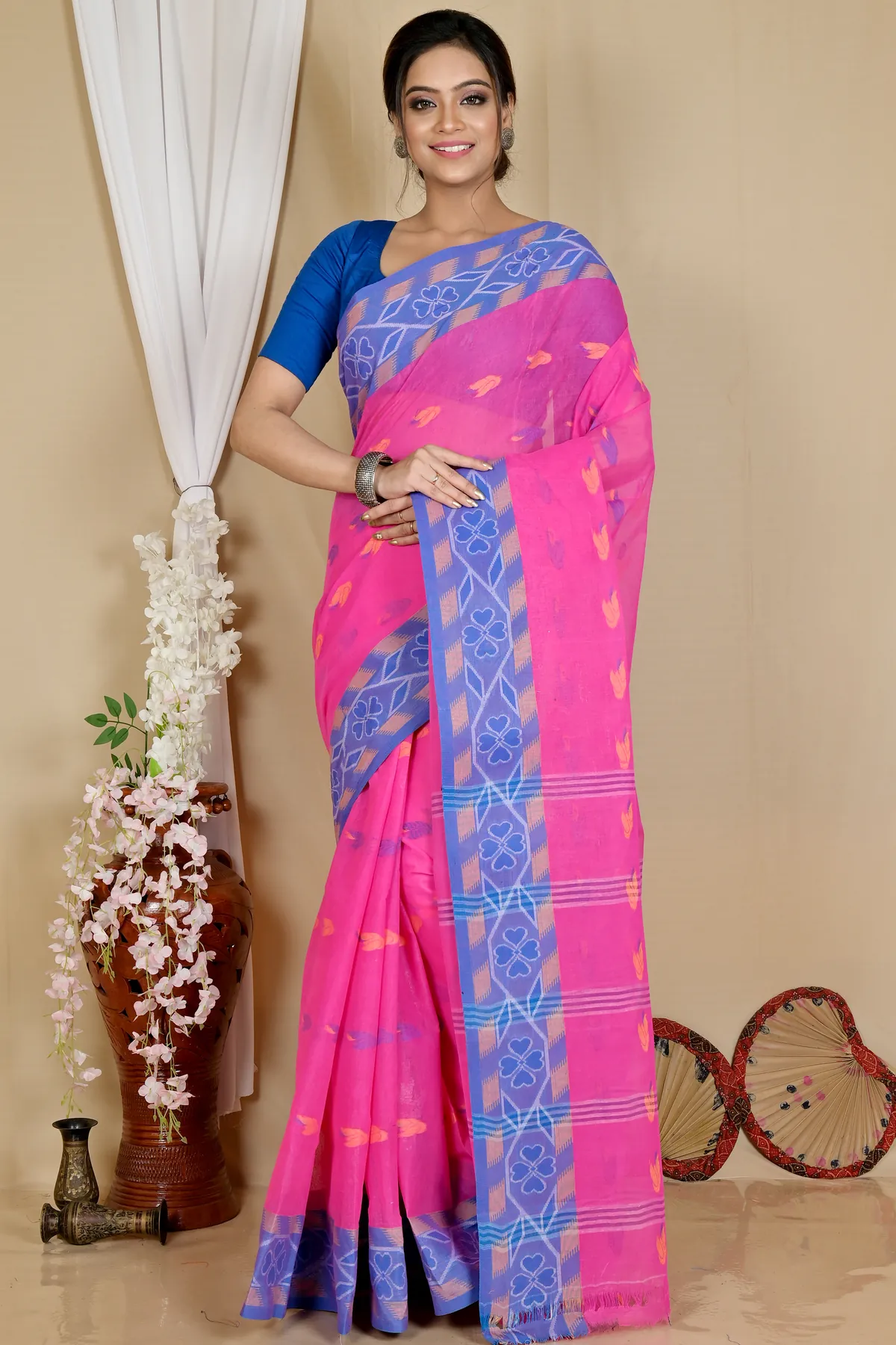 DipDiya Pure Cotton Pink Komtai Classic Grace Tant Sarees