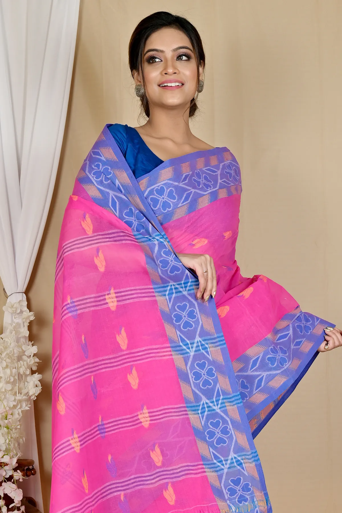 DipDiya Pure Cotton Pink Komtai Classic Grace Tant Sarees