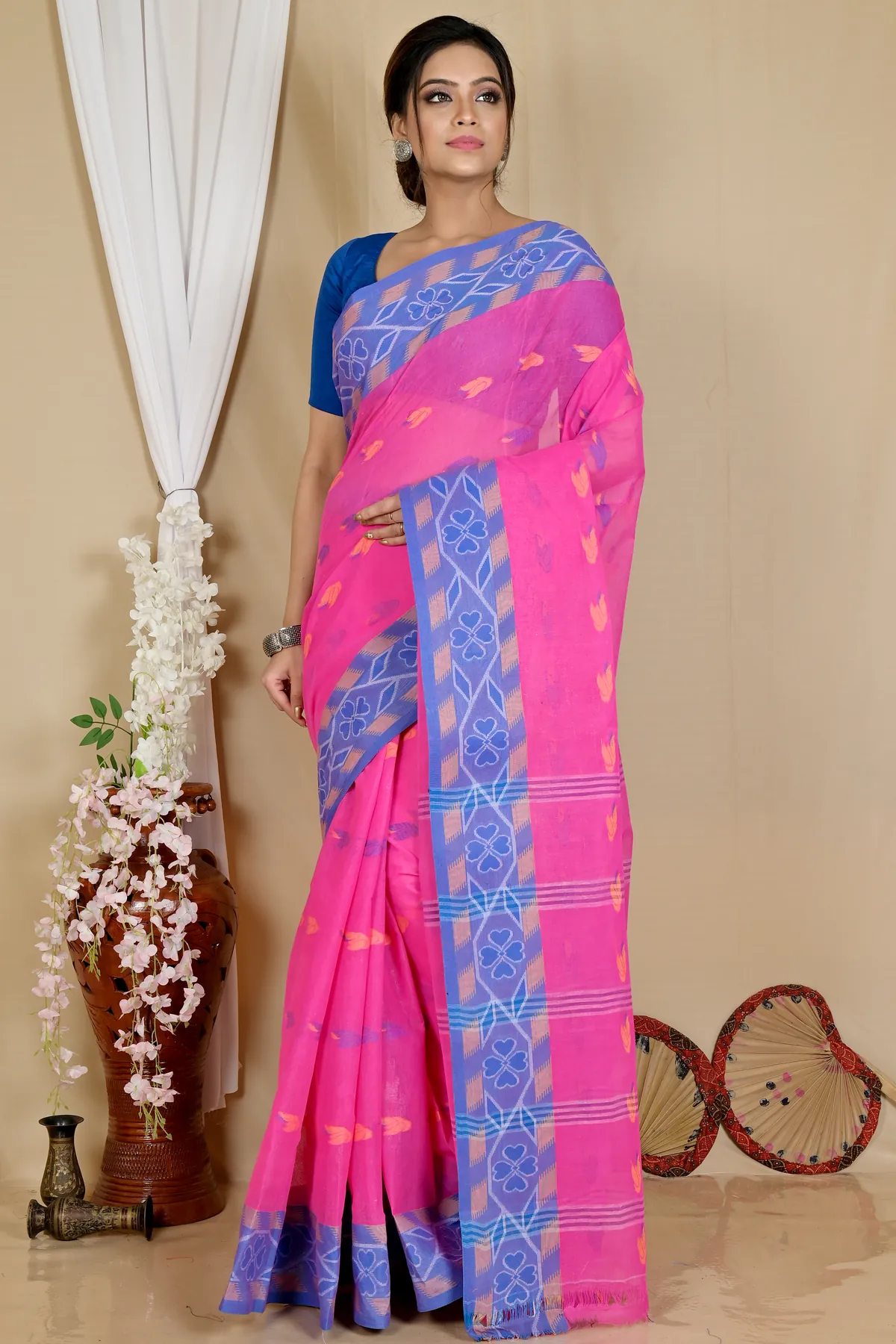 DipDiya Pure Cotton Pink Komtai Classic Grace Tant Sarees
